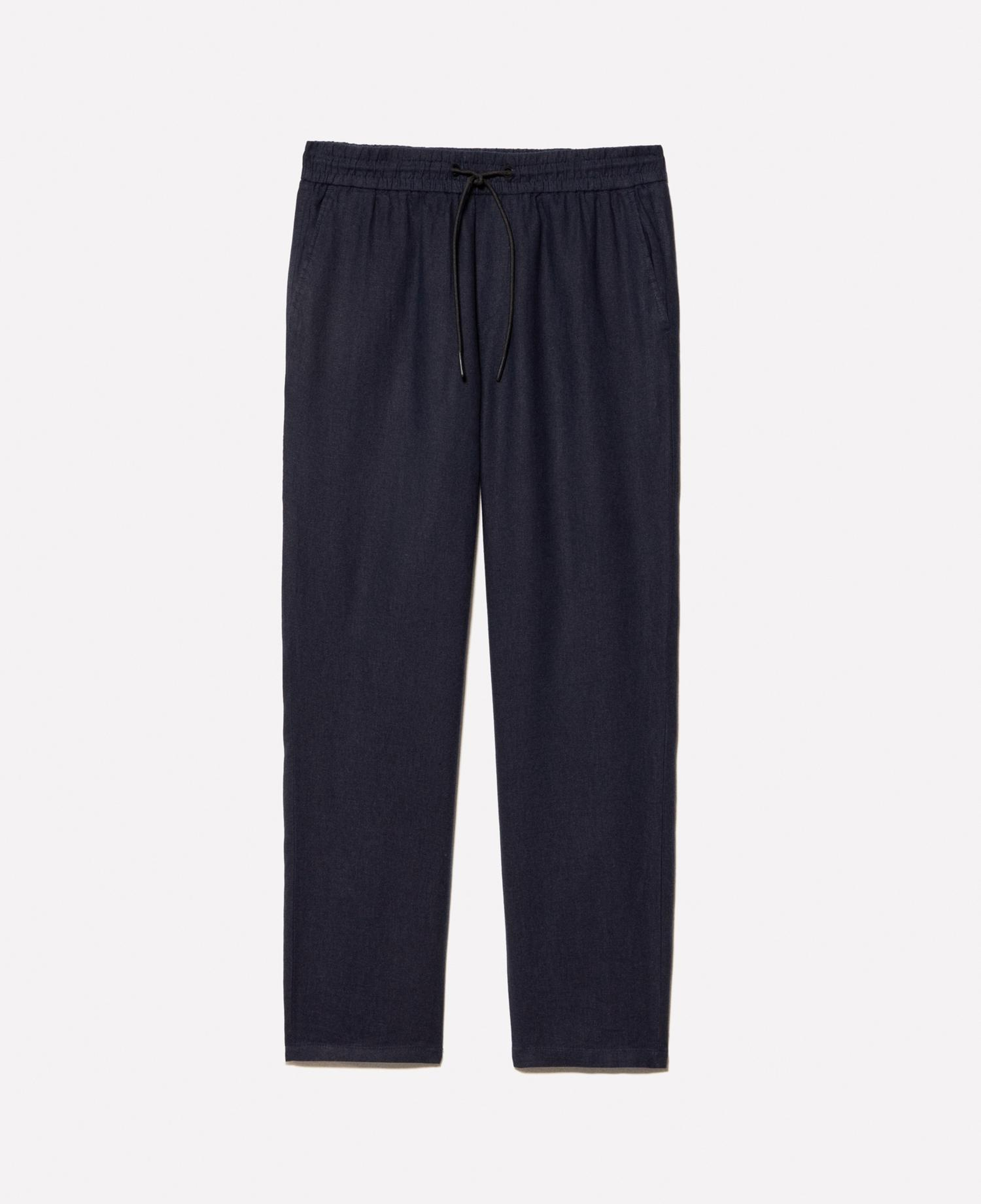 Erkek Koyu Lacivert %100 Keten Beli Büzgülü İpli Slim Fit Pantolon
