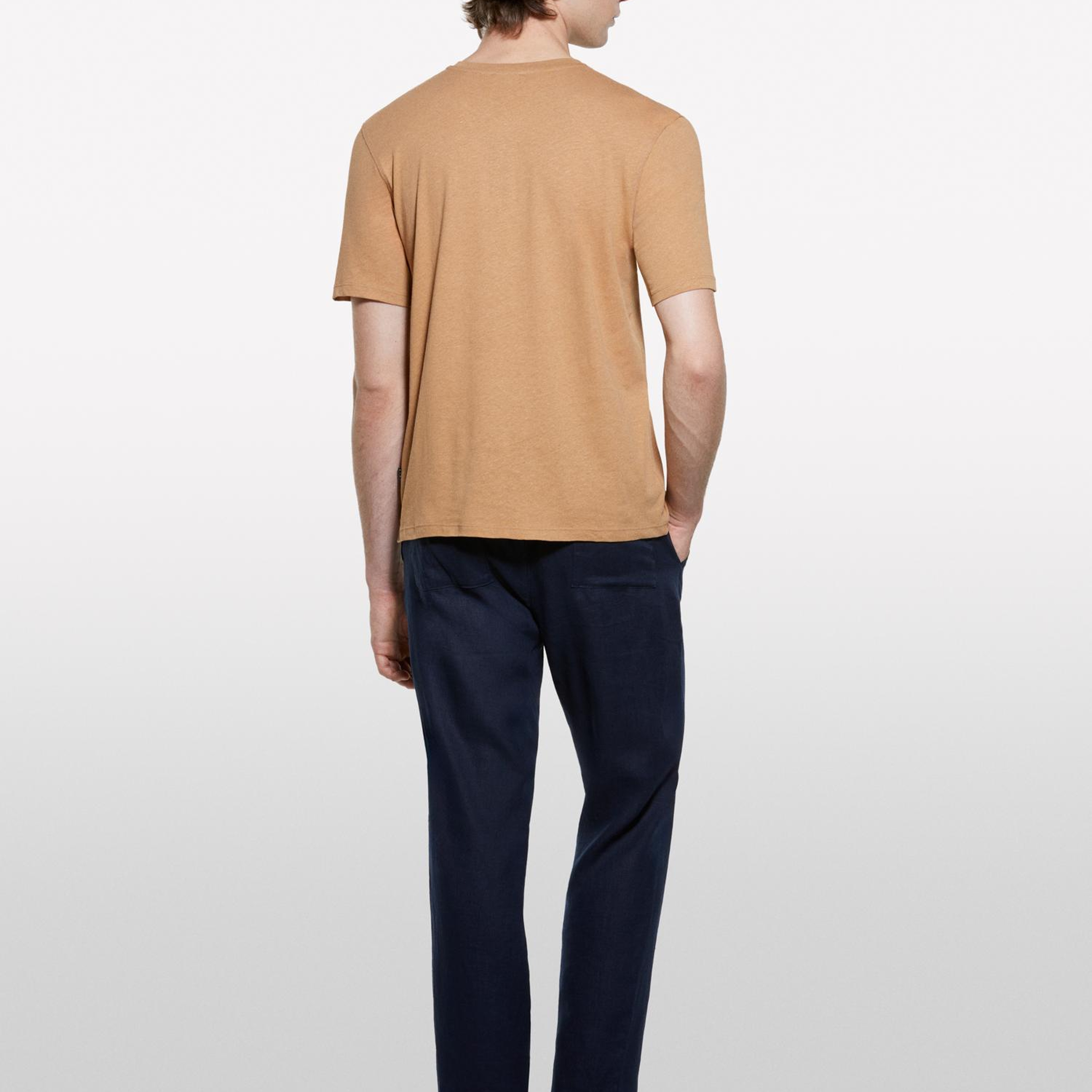Erkek Koyu Lacivert %100 Keten Beli Büzgülü İpli Slim Fit Pantolon