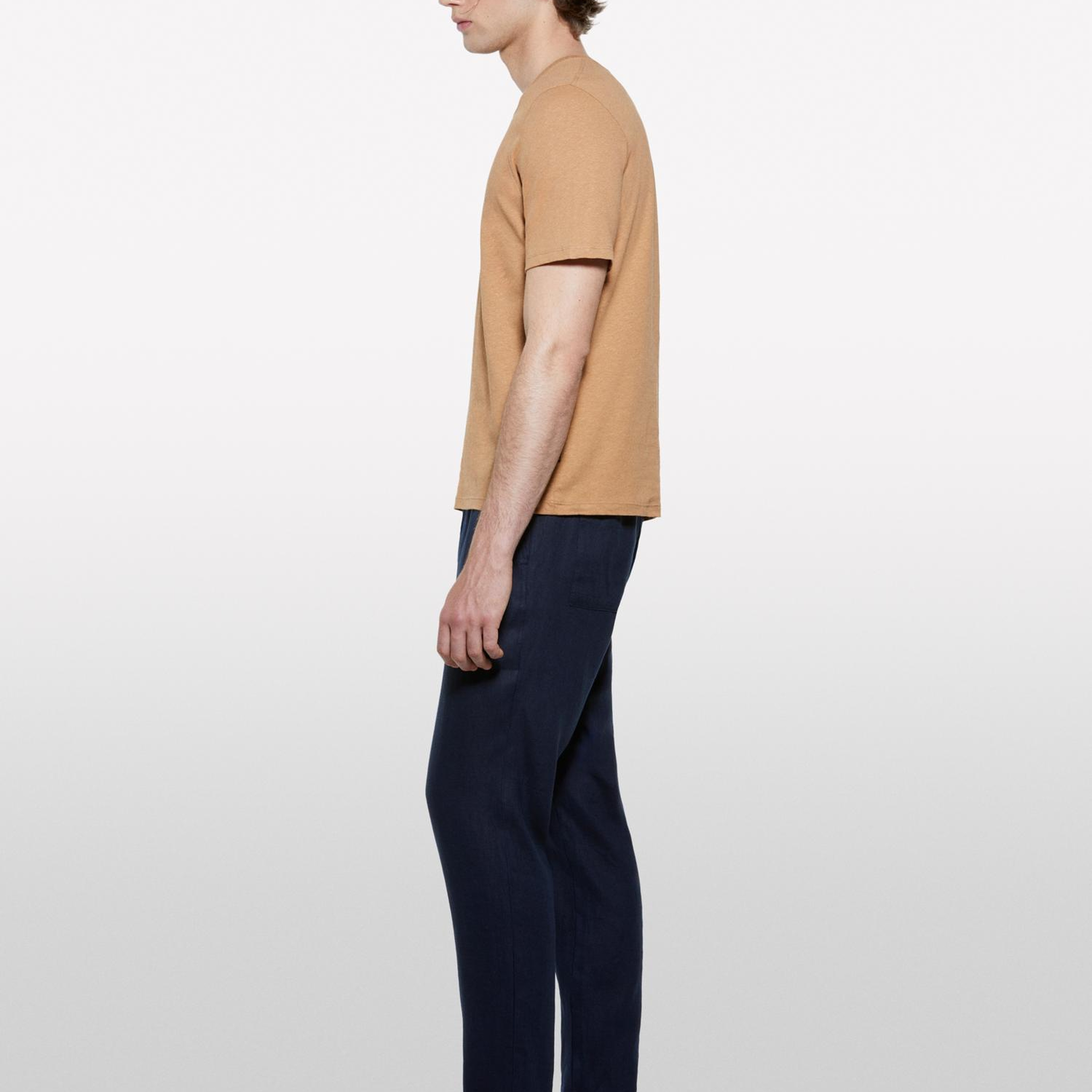 Erkek Koyu Lacivert %100 Keten Beli Büzgülü İpli Slim Fit Pantolon