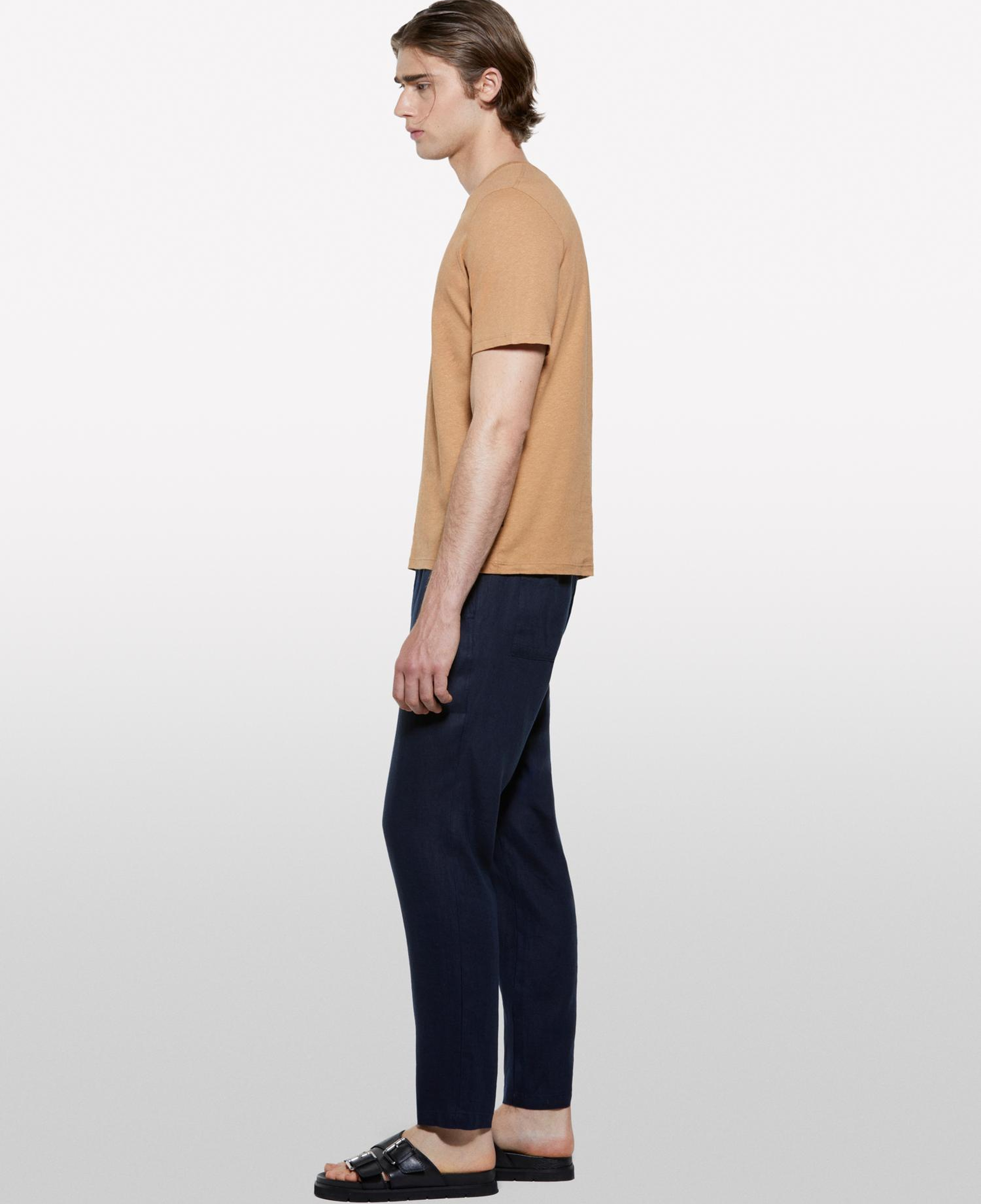 Erkek Koyu Lacivert %100 Keten Beli Büzgülü İpli Slim Fit Pantolon
