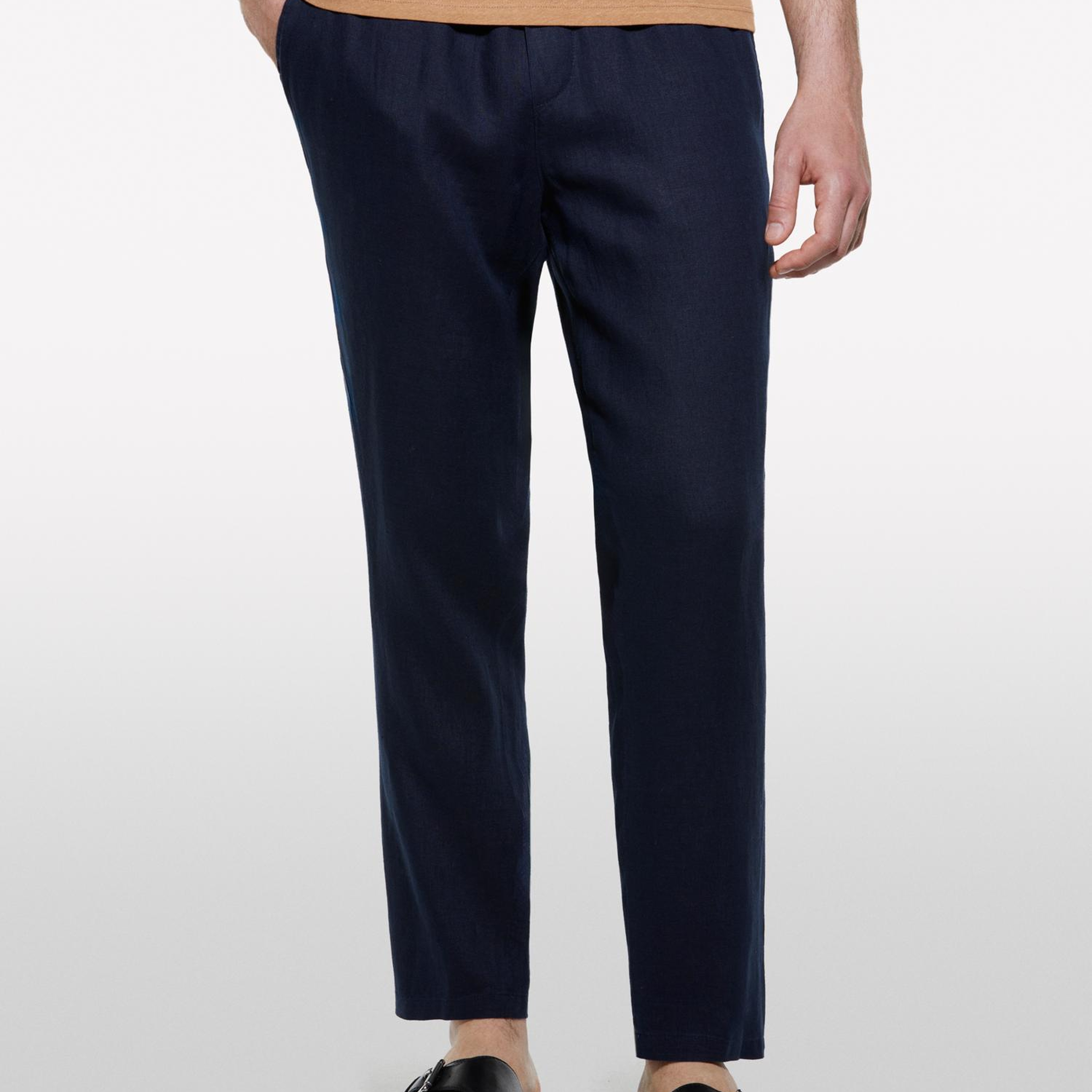 Erkek Koyu Lacivert %100 Keten Beli Büzgülü İpli Slim Fit Pantolon