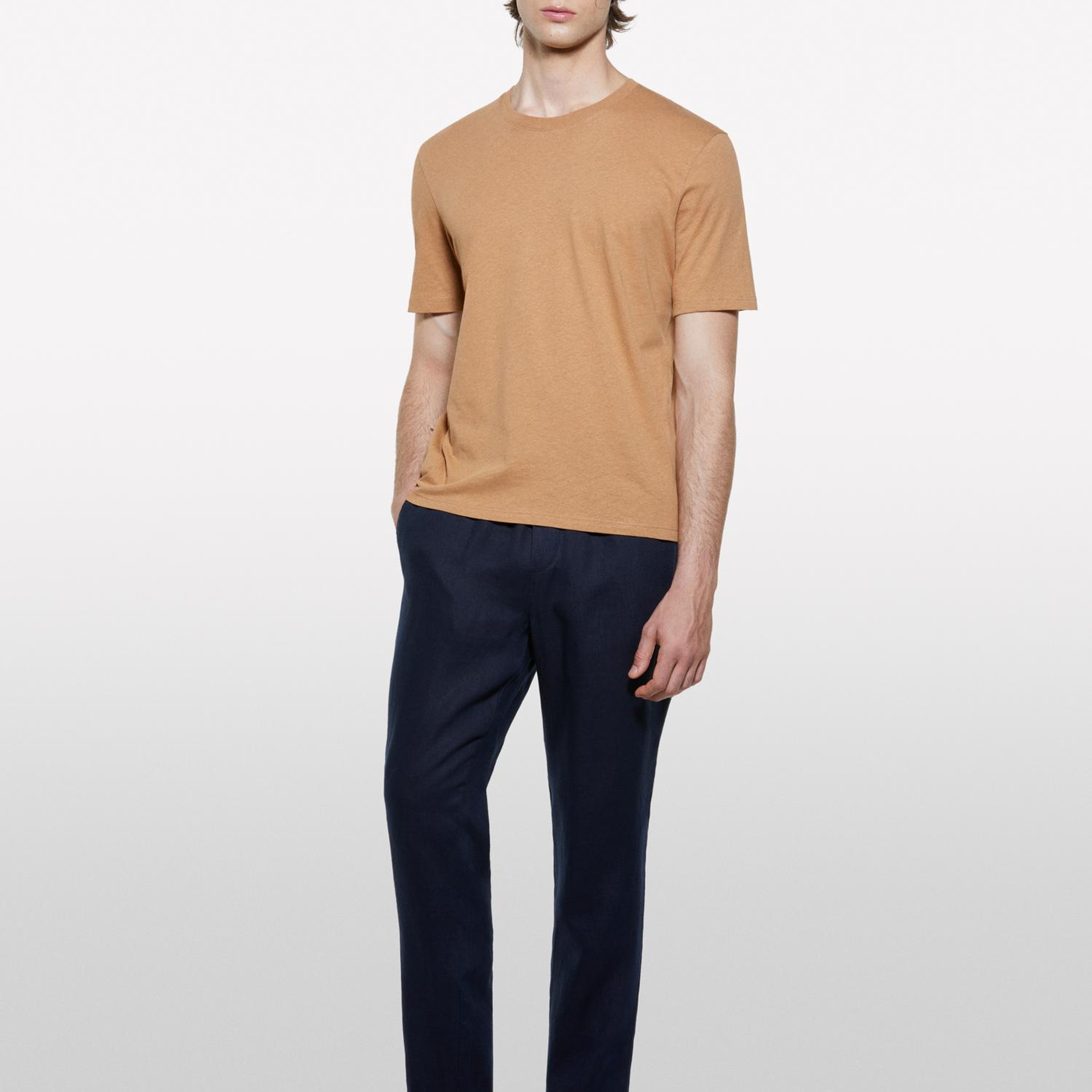 Erkek Koyu Lacivert %100 Keten Beli Büzgülü İpli Slim Fit Pantolon