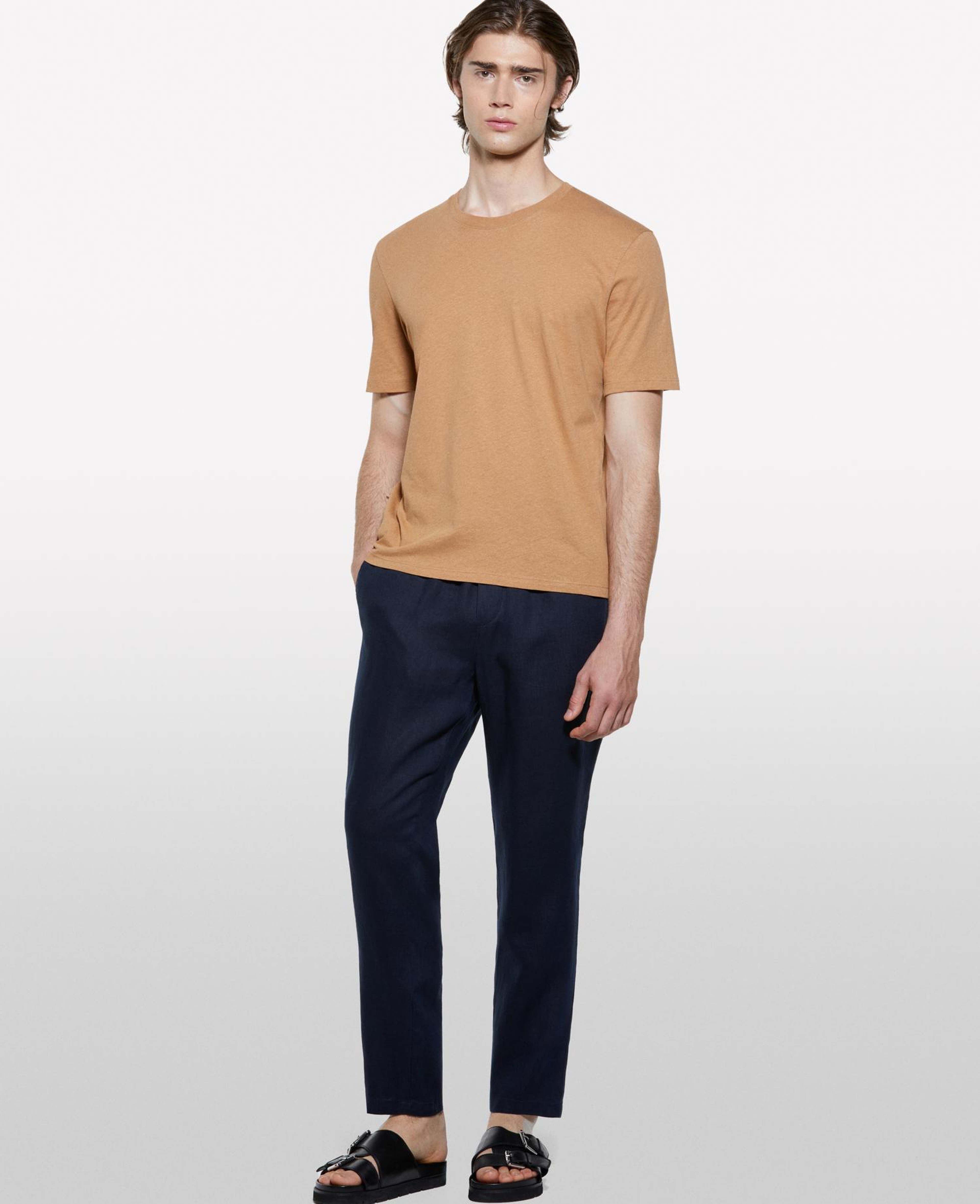 Erkek Koyu Lacivert %100 Keten Beli Büzgülü İpli Slim Fit Pantolon