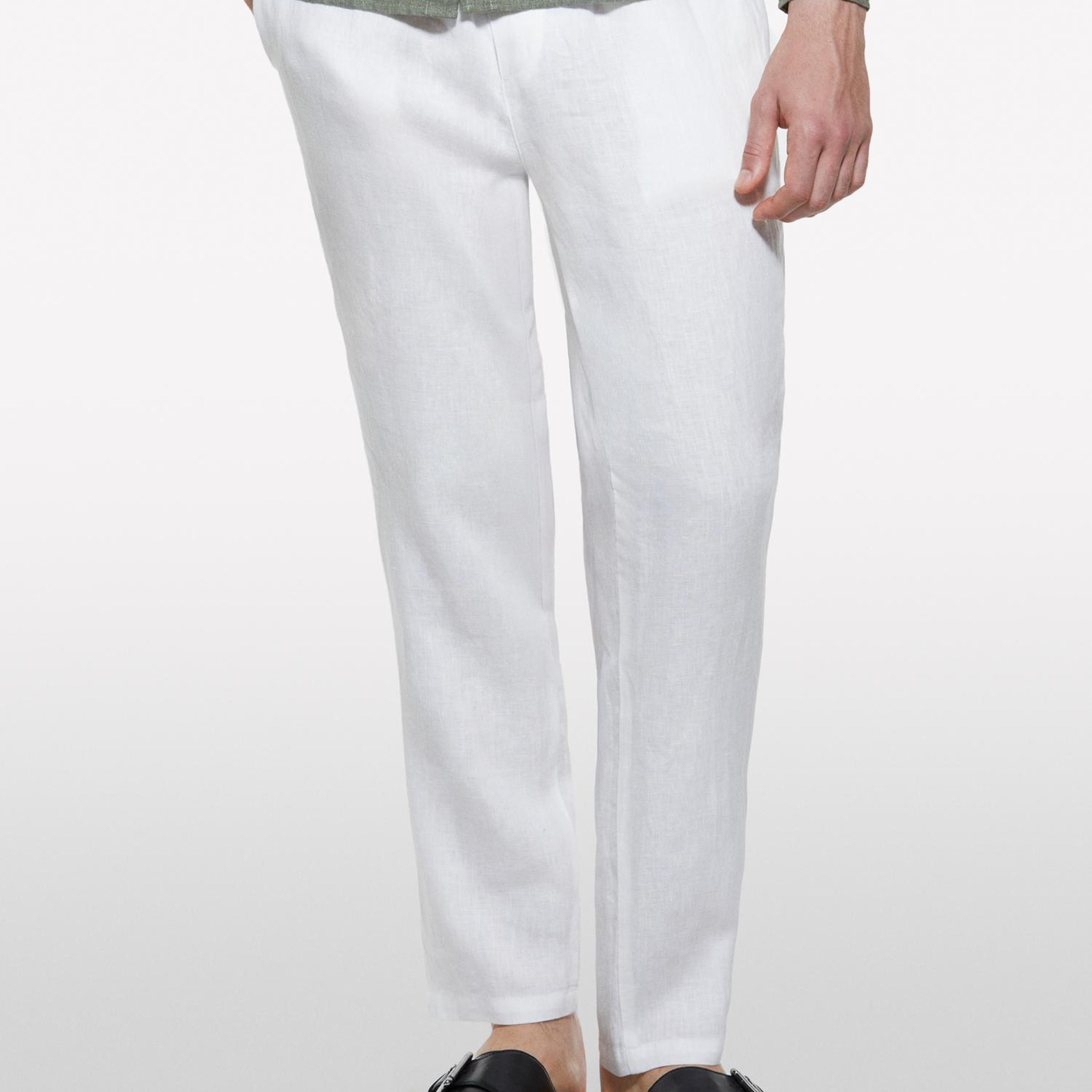 Erkek Kırık Beyaz %100 Keten Beli Büzgülü İpli Slim Fit Pantolon