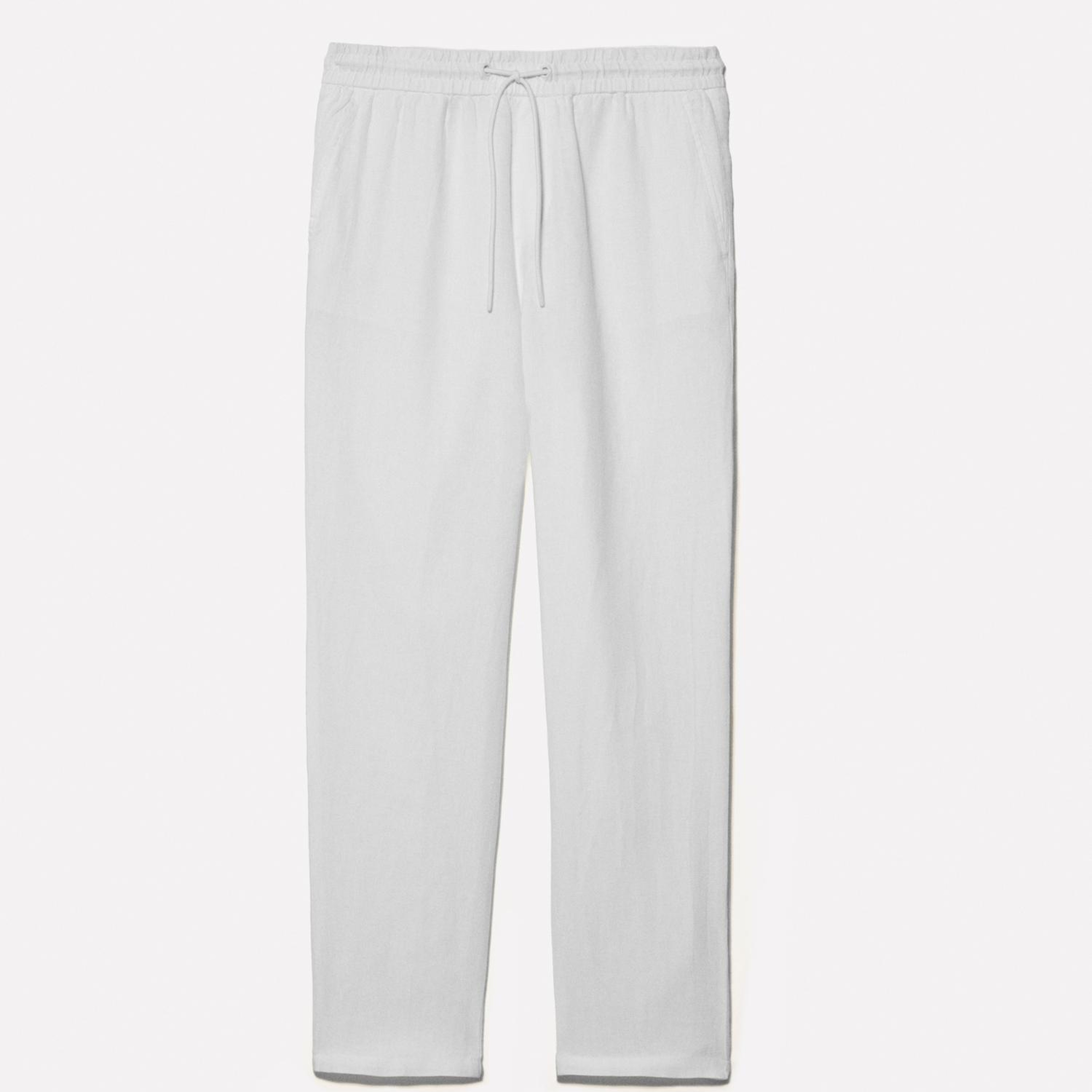 Erkek Kırık Beyaz %100 Keten Beli Büzgülü İpli Slim Fit Pantolon