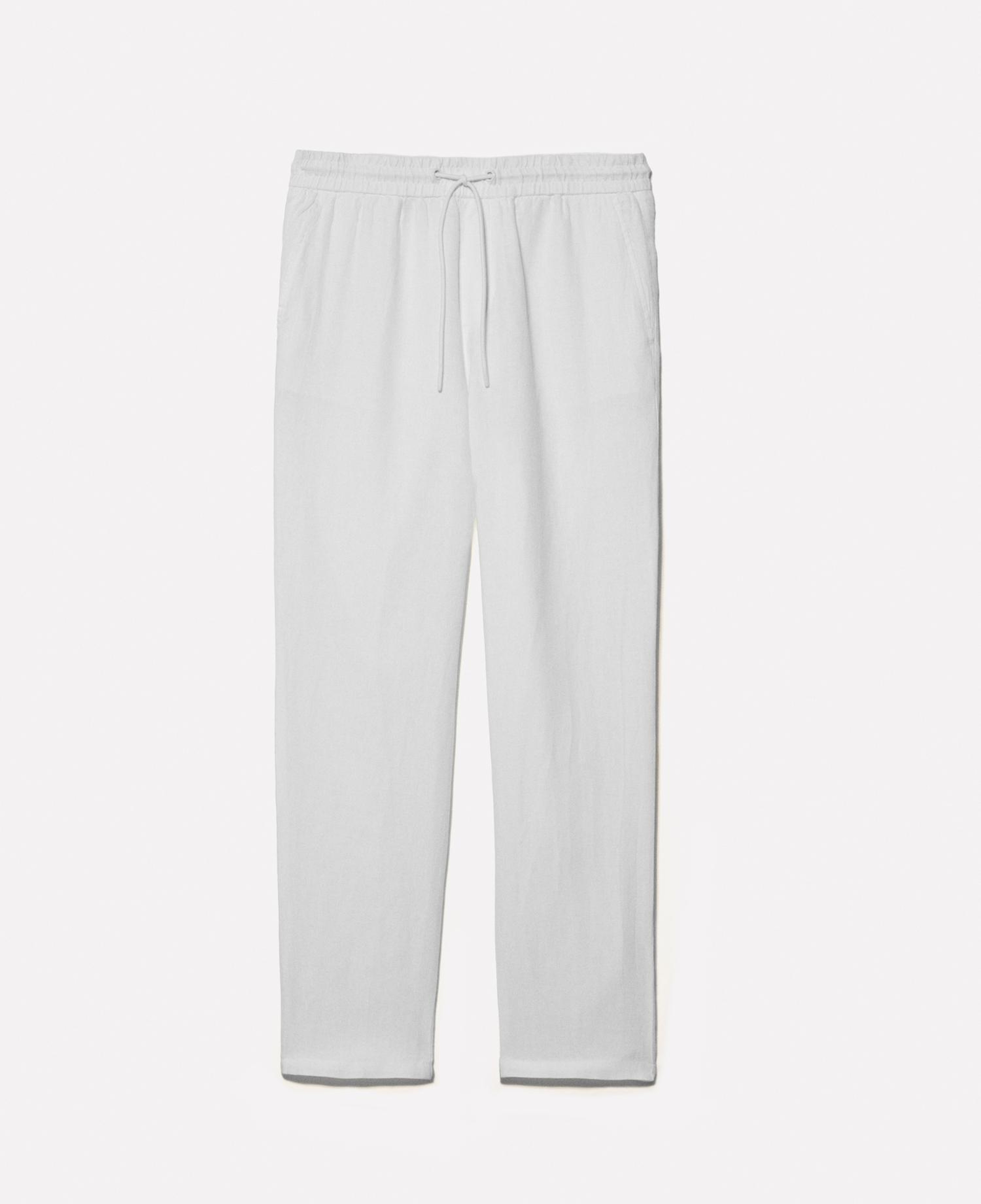 Erkek Kırık Beyaz %100 Keten Beli Büzgülü İpli Slim Fit Pantolon