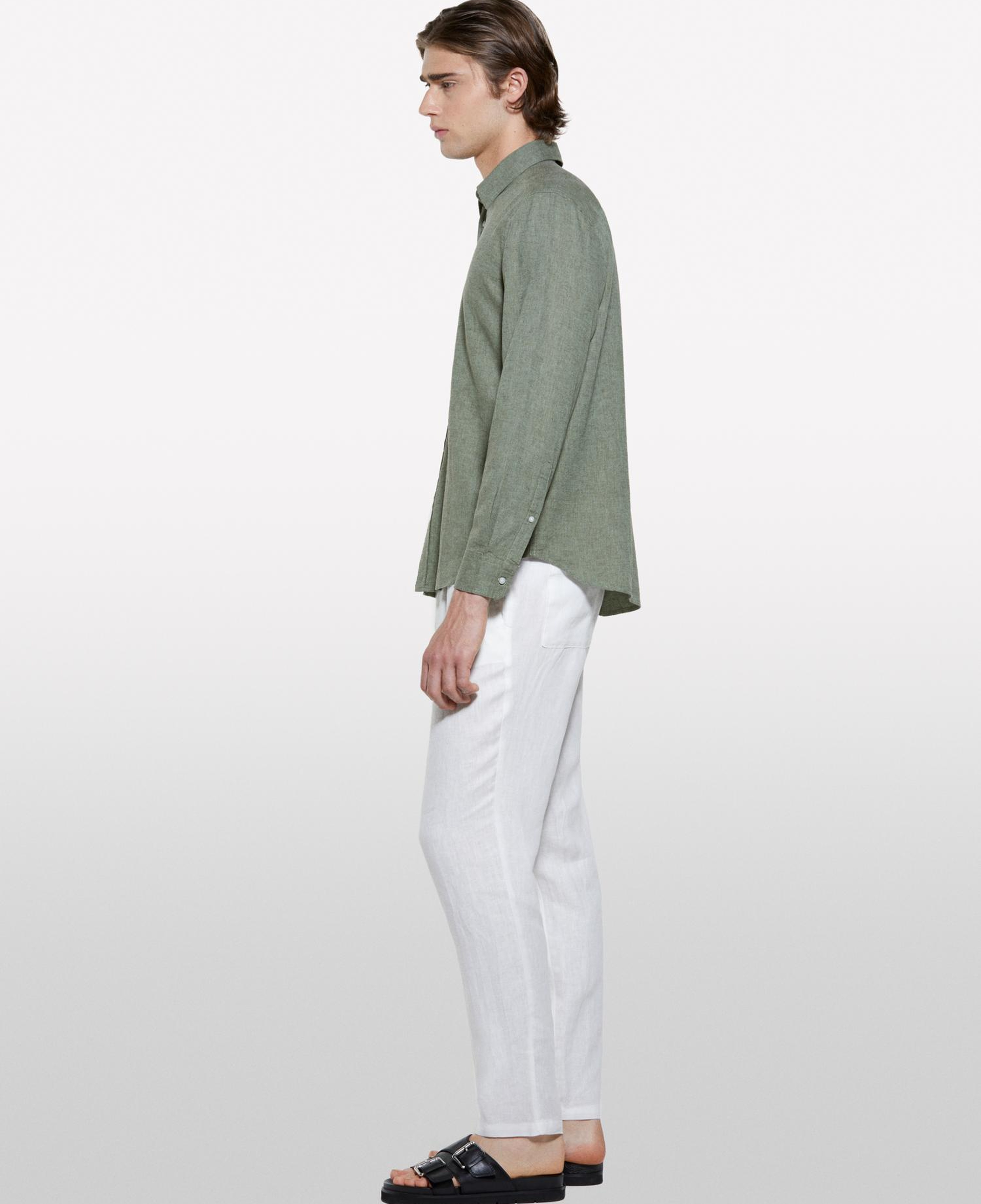 Erkek Kırık Beyaz %100 Keten Beli Büzgülü İpli Slim Fit Pantolon
