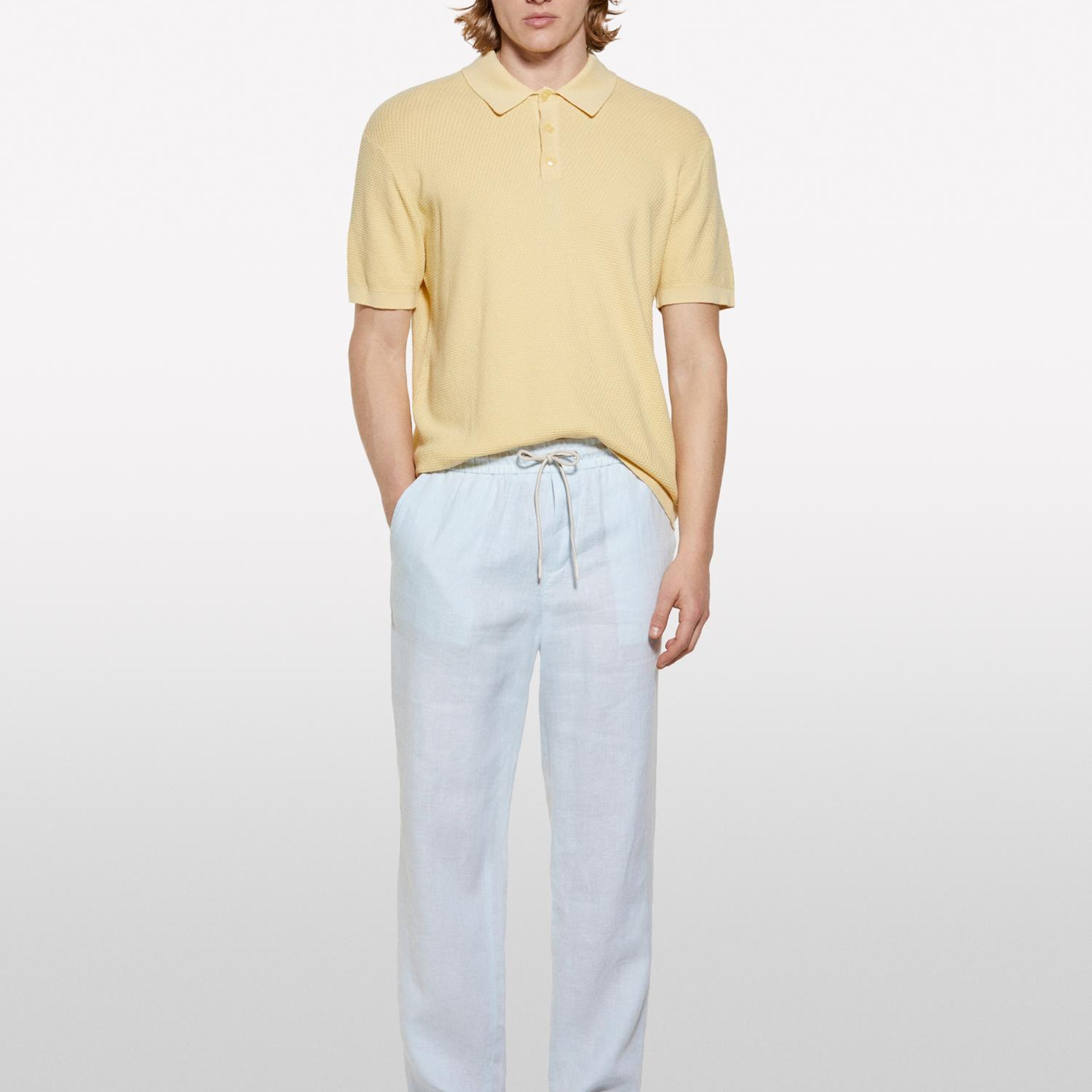 Erkek Buz Mavisi %100 Keten Beli Büzgülü İpli Slim Fit Pantolon