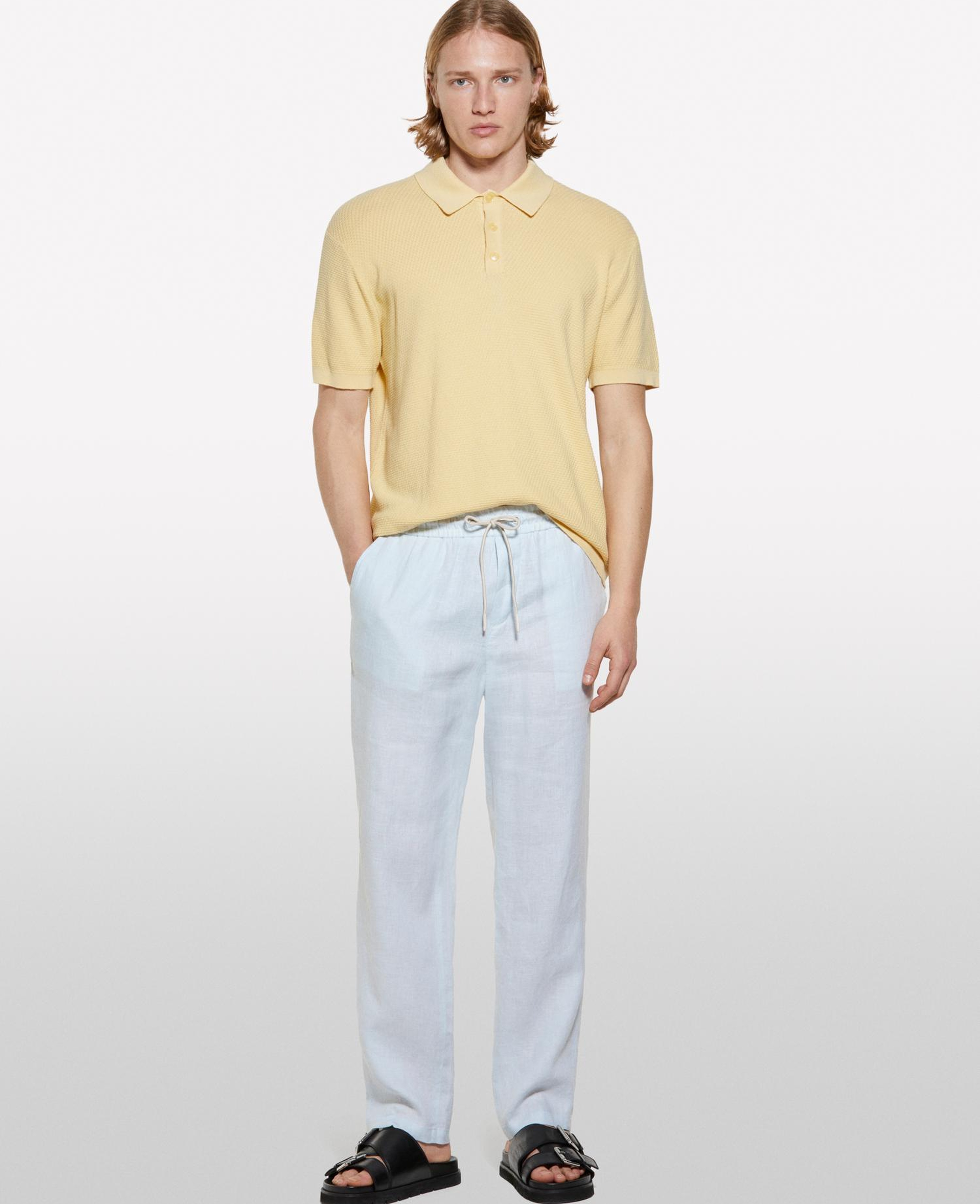 Erkek Buz Mavisi %100 Keten Beli Büzgülü İpli Slim Fit Pantolon