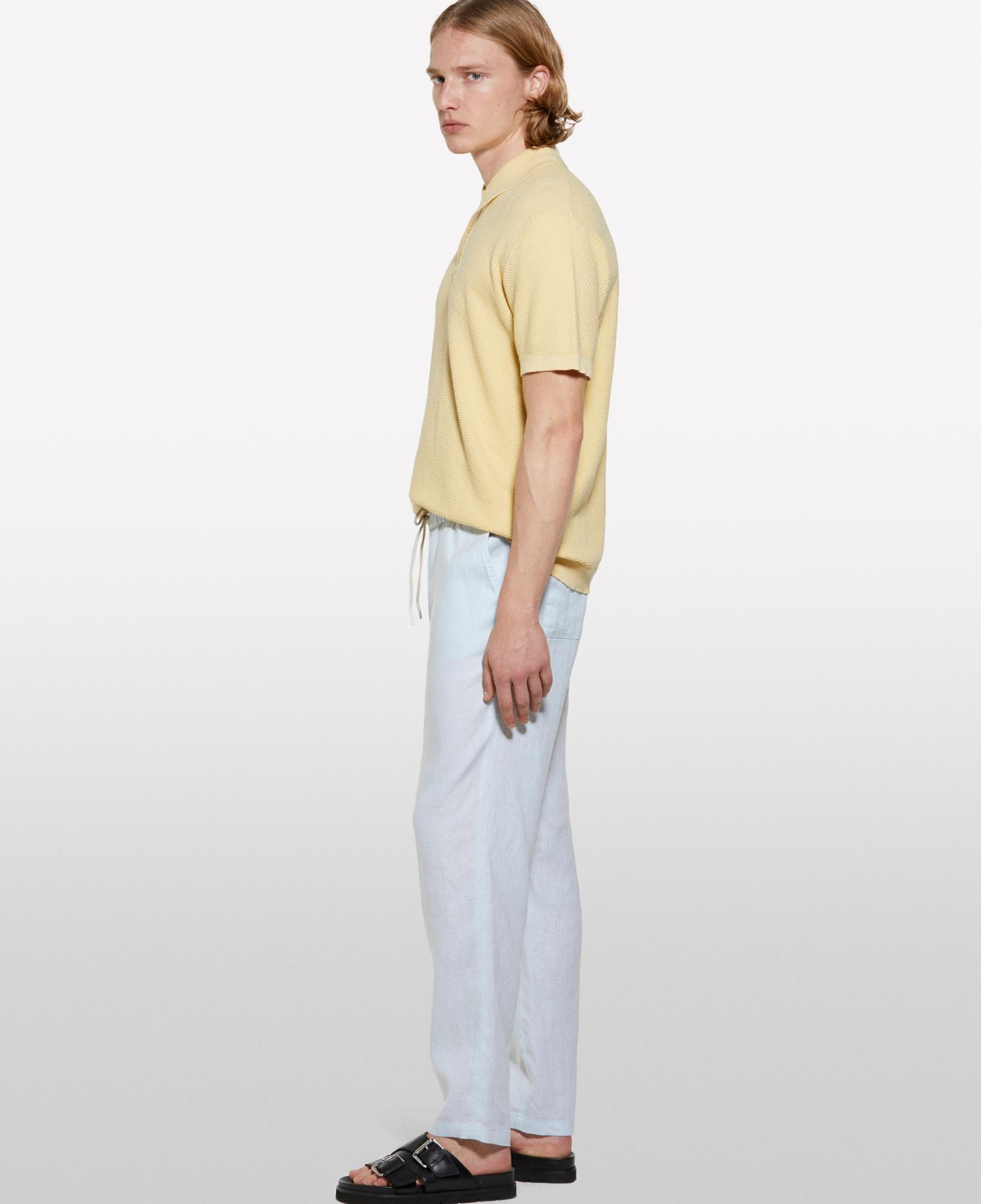 Erkek Buz Mavisi %100 Keten Beli Büzgülü İpli Slim Fit Pantolon