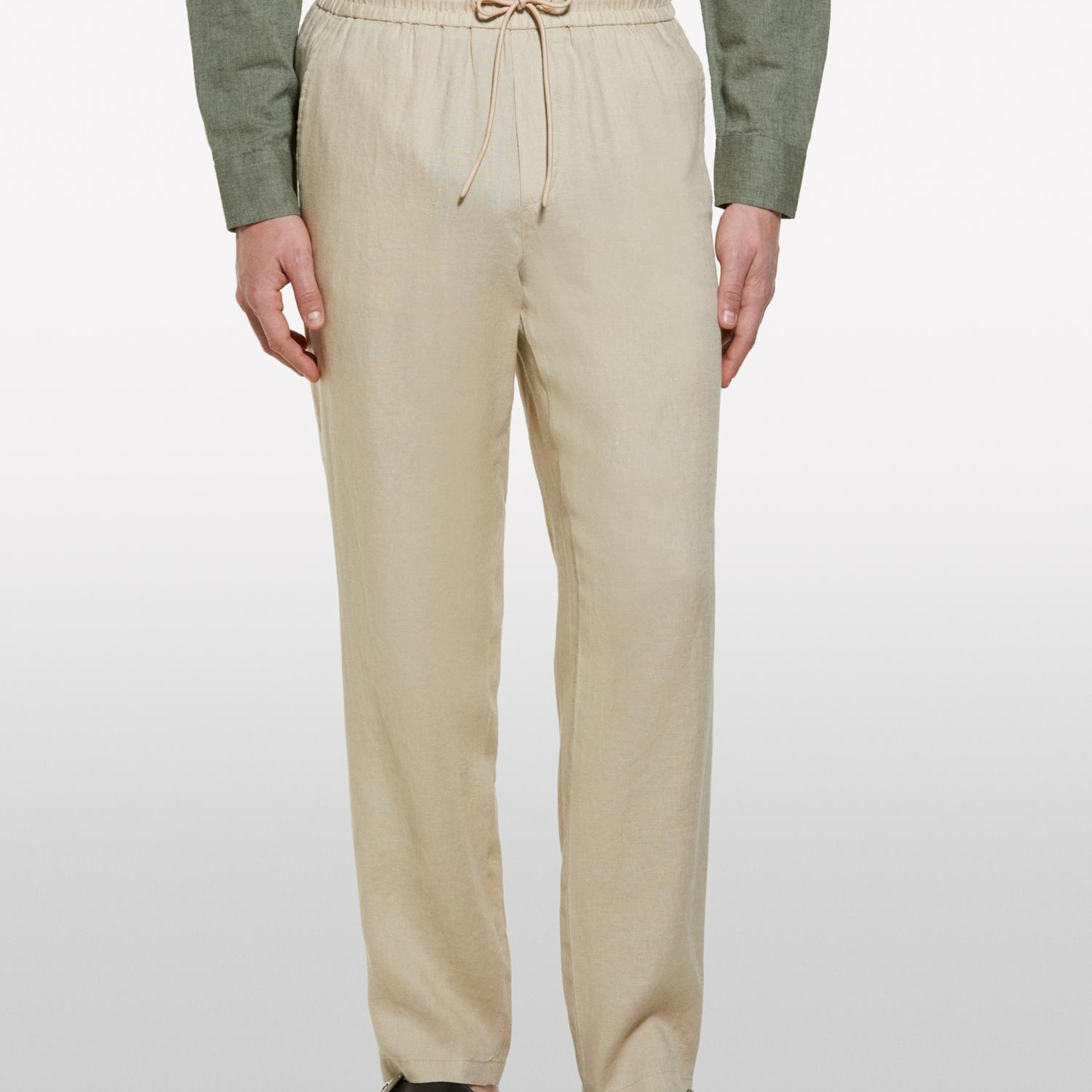 Erkek Bej %100 Keten Beli Büzgülü İpli Slim Fit Pantolon