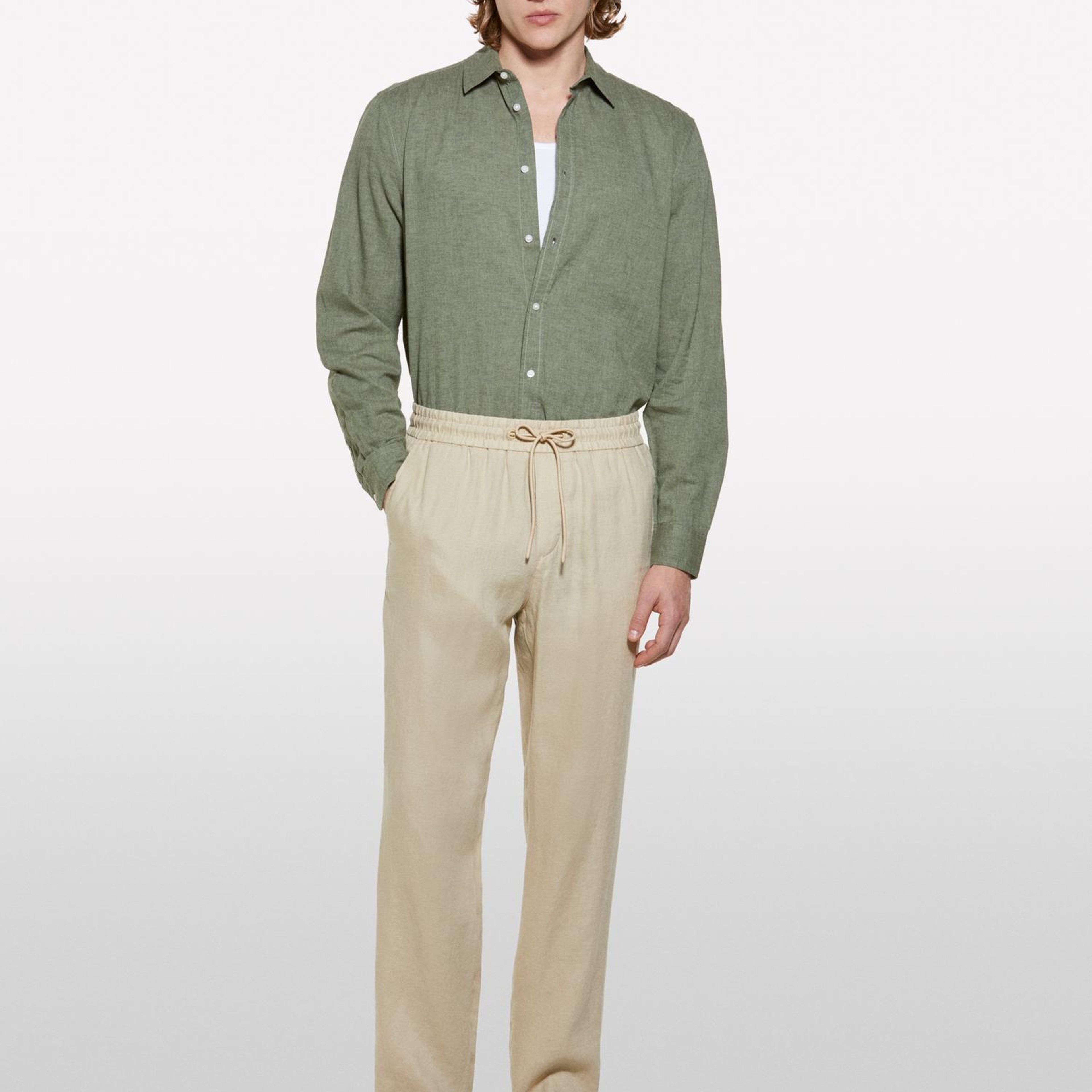 Erkek Bej %100 Keten Beli Büzgülü İpli Slim Fit Pantolon