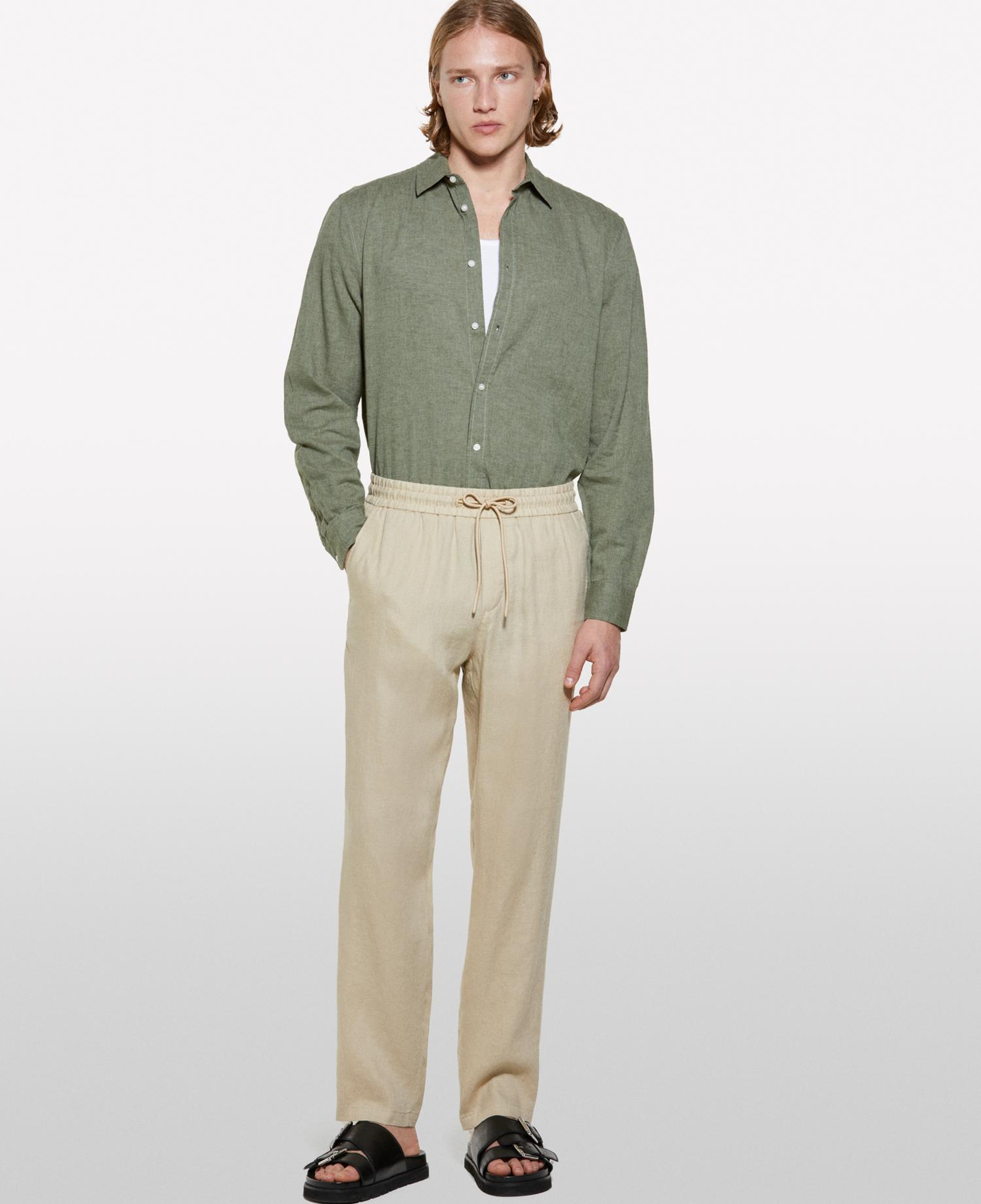 Erkek Bej %100 Keten Beli Büzgülü İpli Slim Fit Pantolon