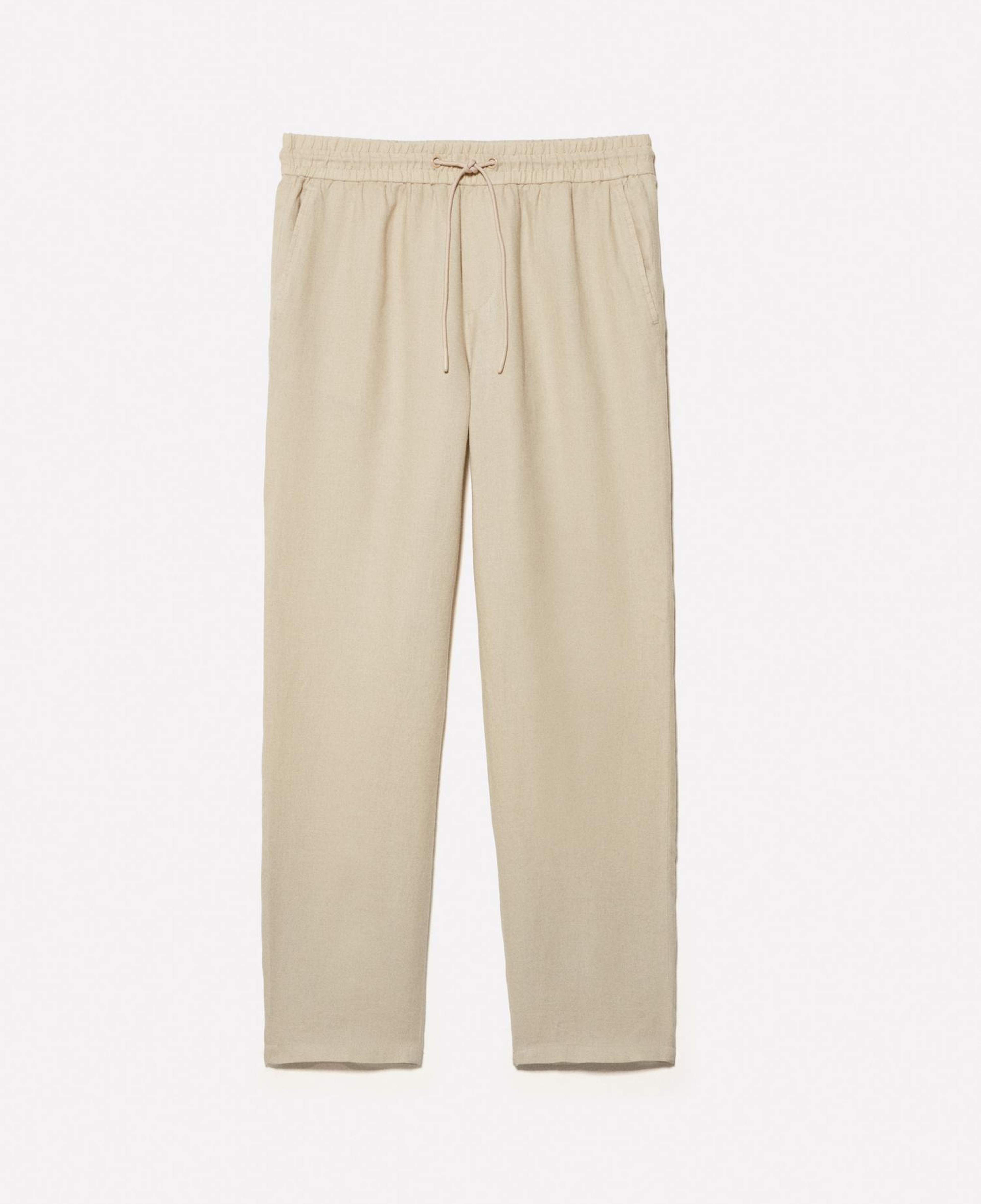 Erkek Bej %100 Keten Beli Büzgülü İpli Slim Fit Pantolon