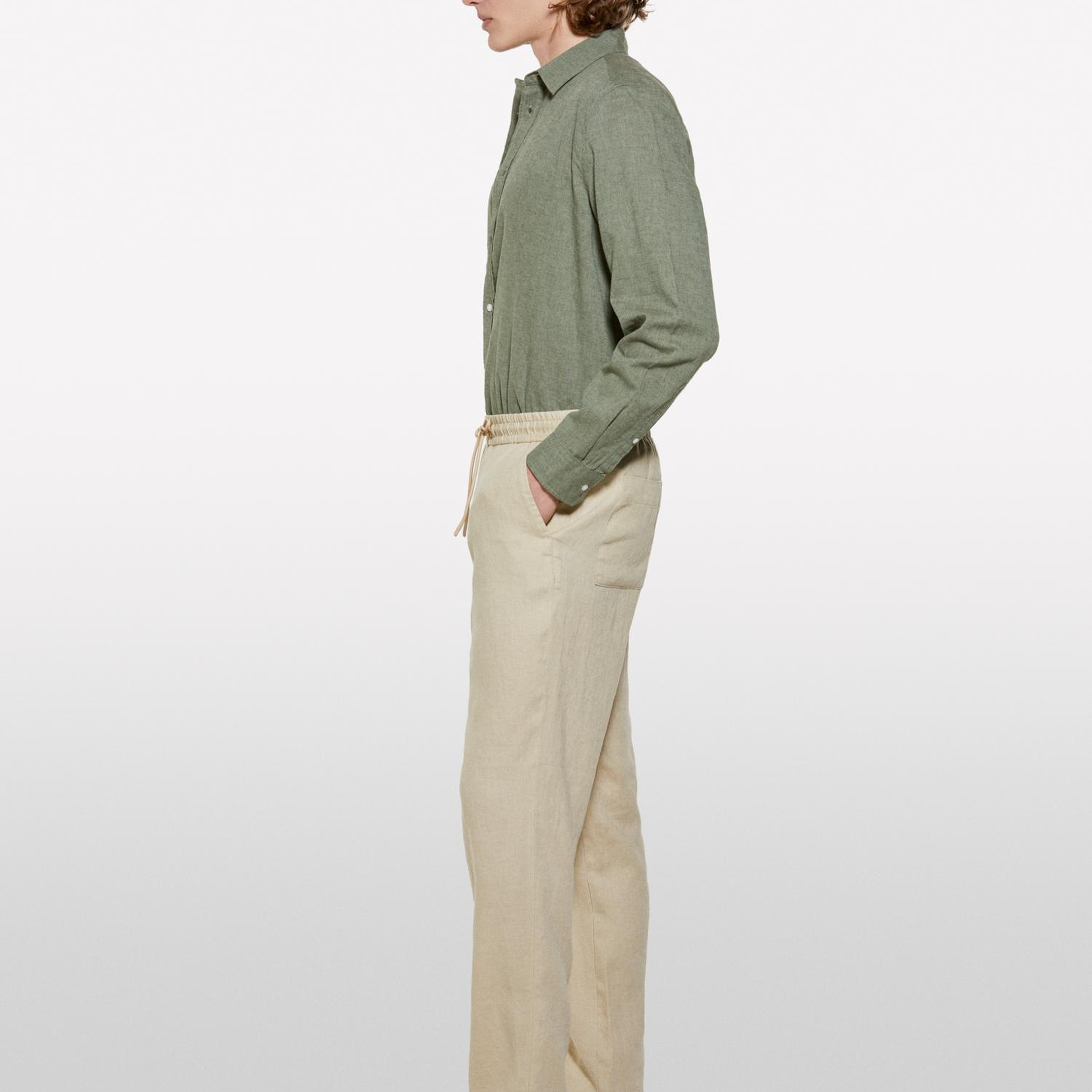 Erkek Bej %100 Keten Beli Büzgülü İpli Slim Fit Pantolon
