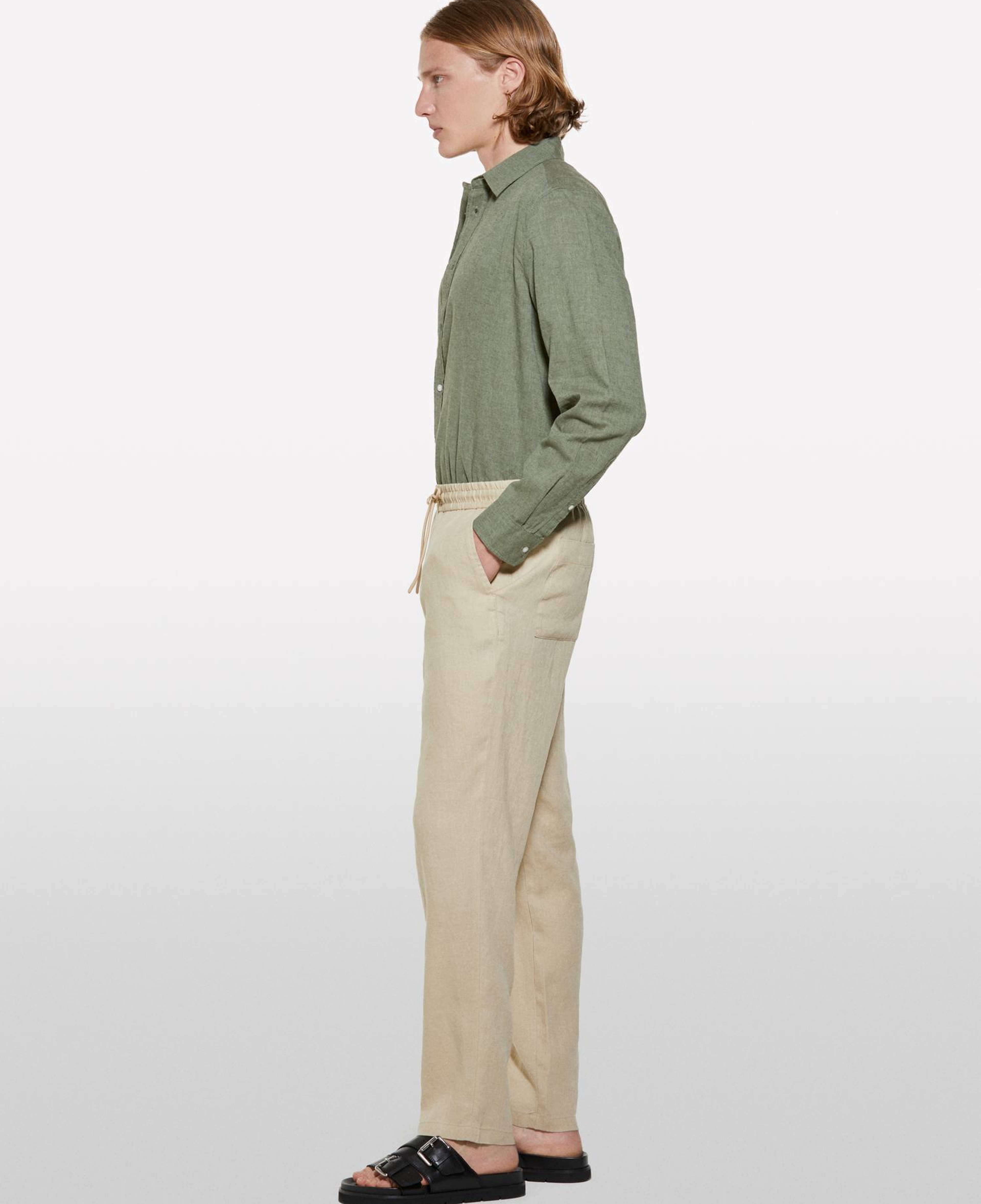 Erkek Bej %100 Keten Beli Büzgülü İpli Slim Fit Pantolon