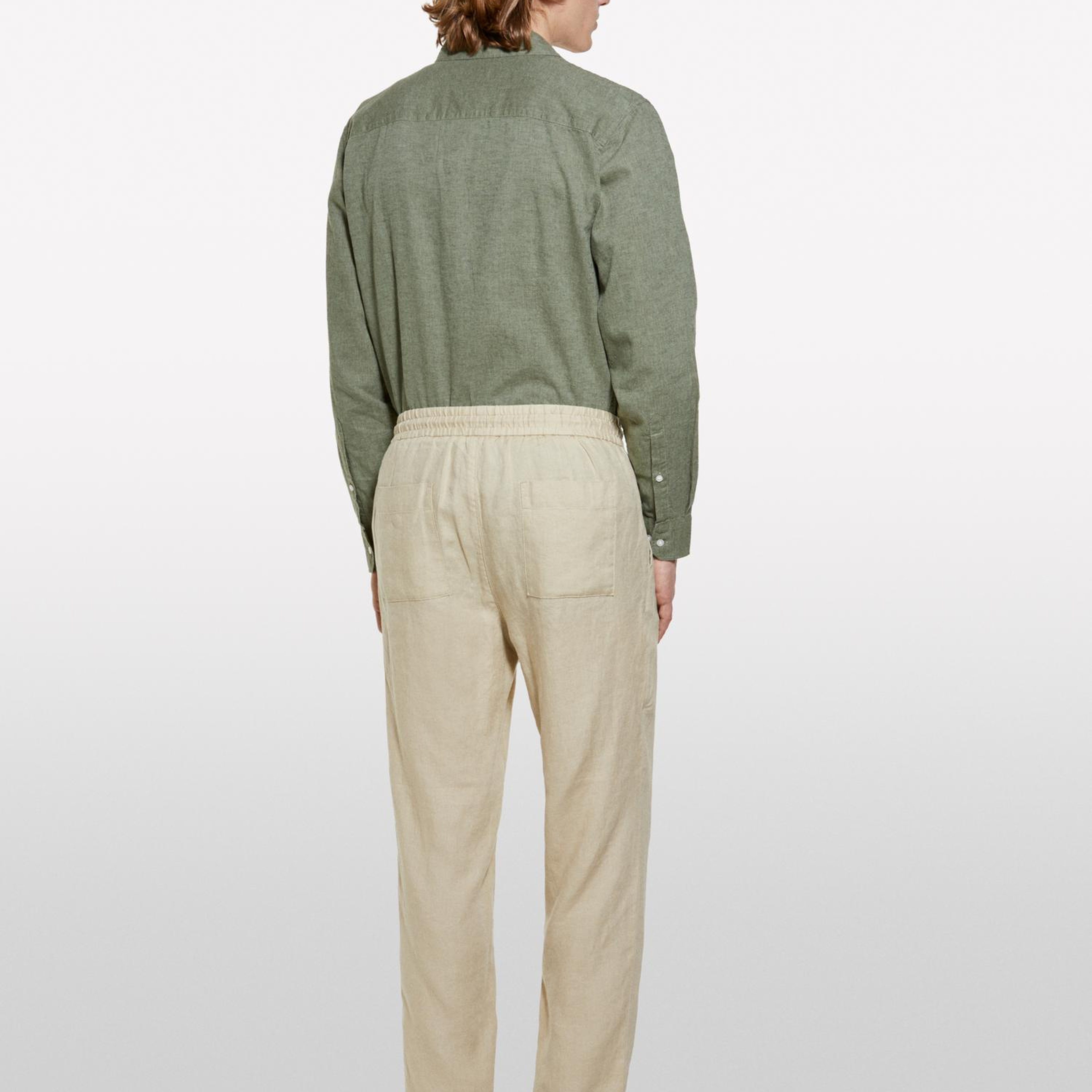Erkek Bej %100 Keten Beli Büzgülü İpli Slim Fit Pantolon