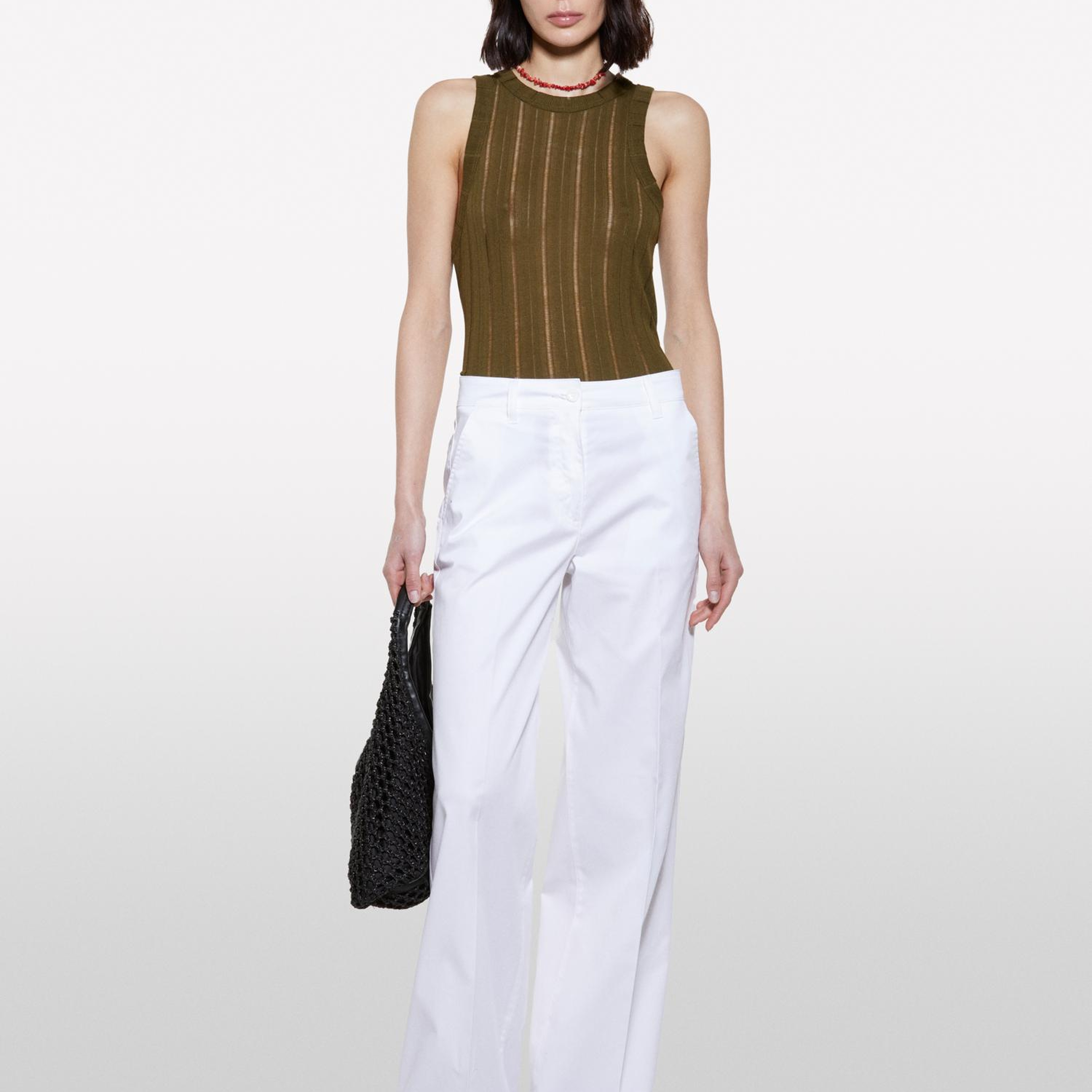Kadın Beyaz Streç Pamuklu Normal Bel Wide Leg Pantolon