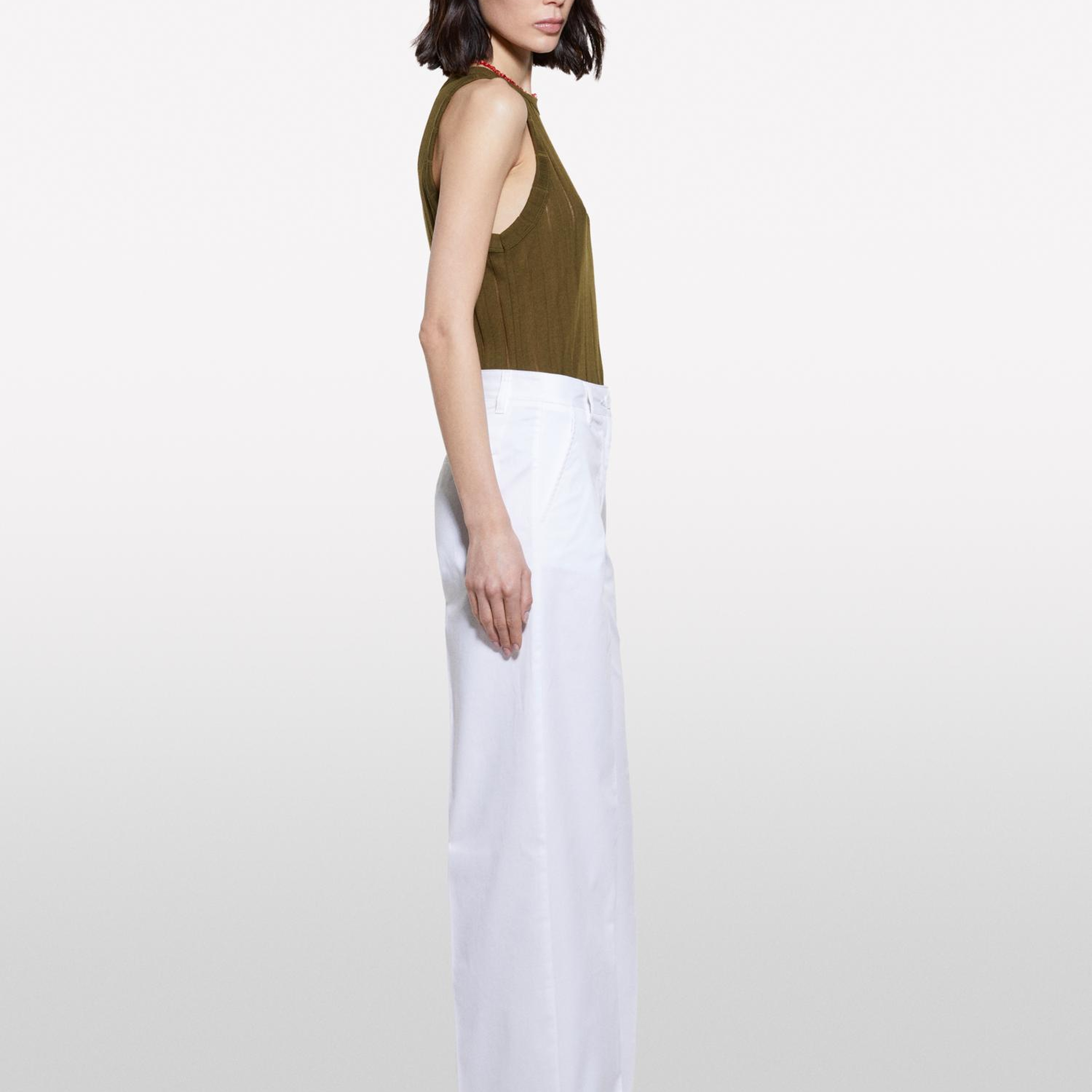 Kadın Beyaz Streç Pamuklu Normal Bel Wide Leg Pantolon