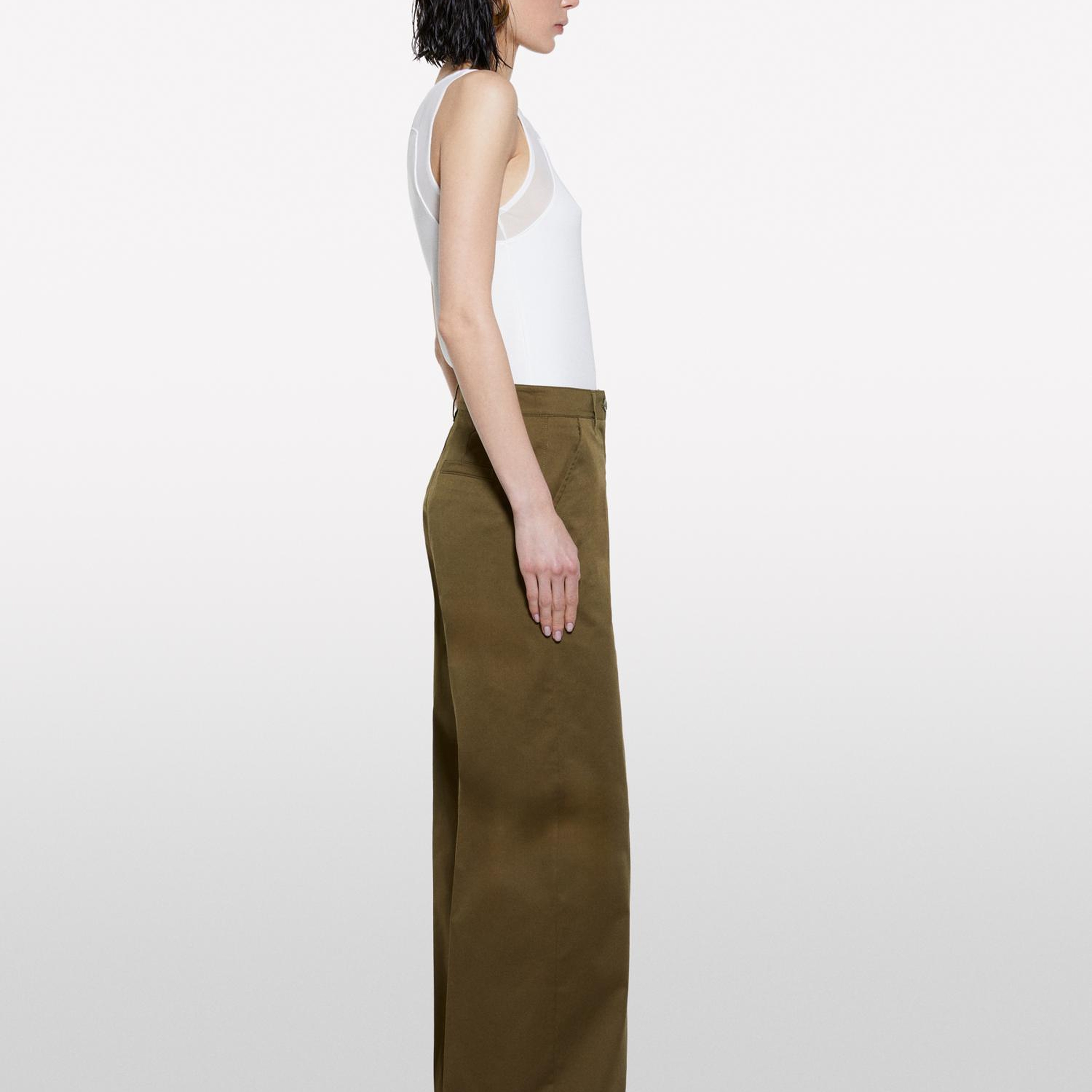 Kadın Koyu Haki Streç Pamuklu Normal Bel Wide Leg Pantolon