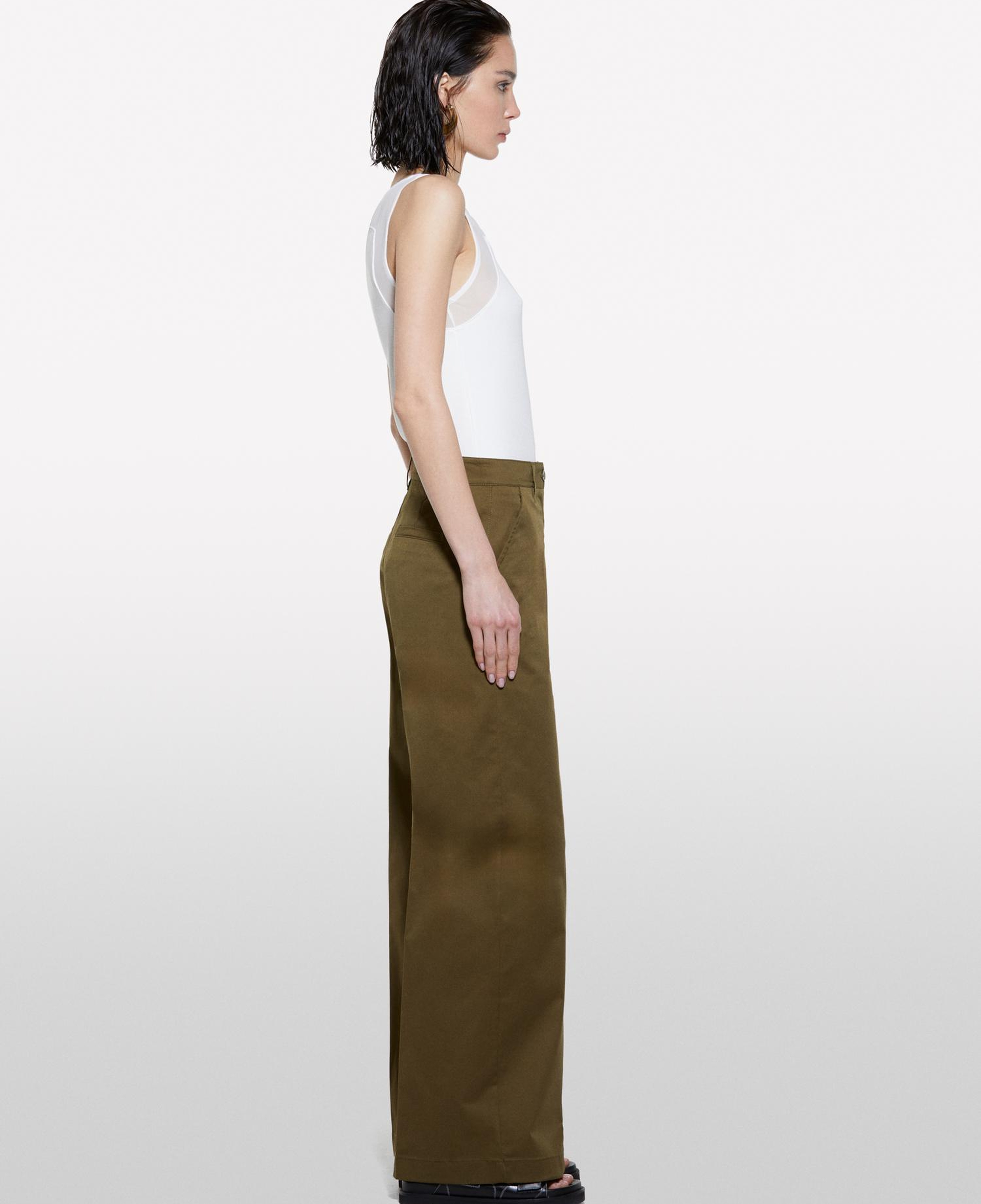 Kadın Koyu Haki Streç Pamuklu Normal Bel Wide Leg Pantolon