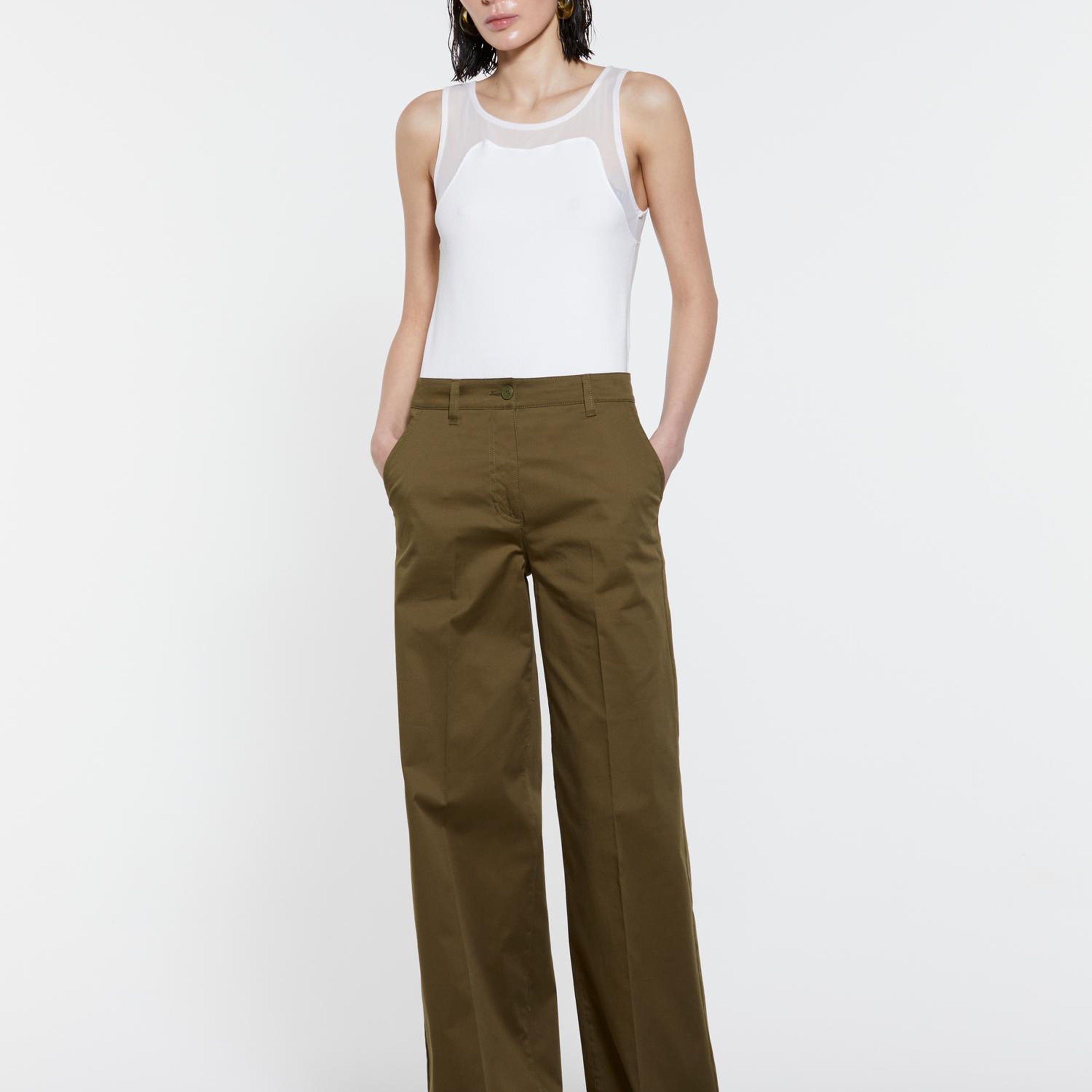 Kadın Koyu Haki Streç Pamuklu Normal Bel Wide Leg Pantolon