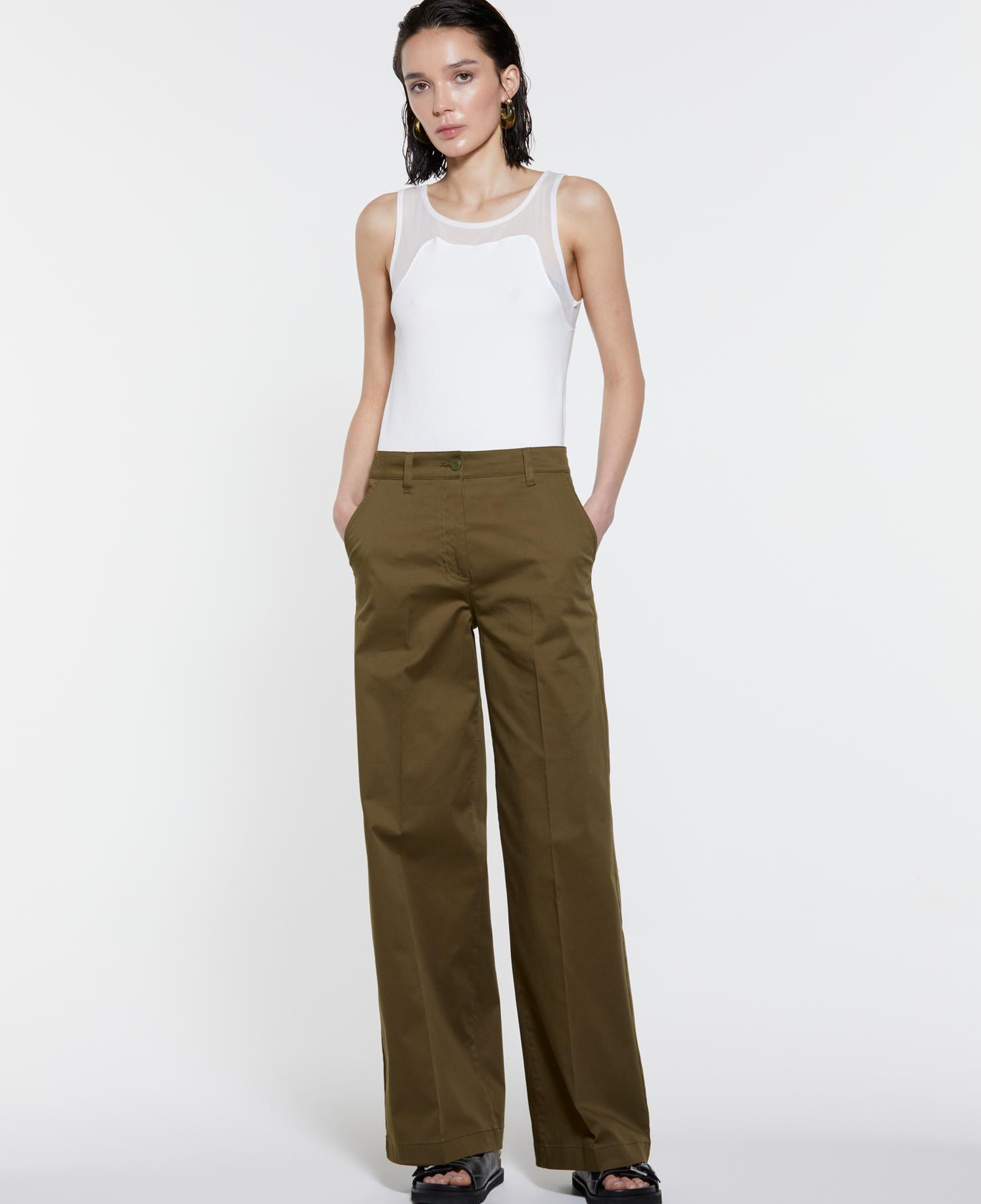 Kadın Koyu Haki Streç Pamuklu Normal Bel Wide Leg Pantolon