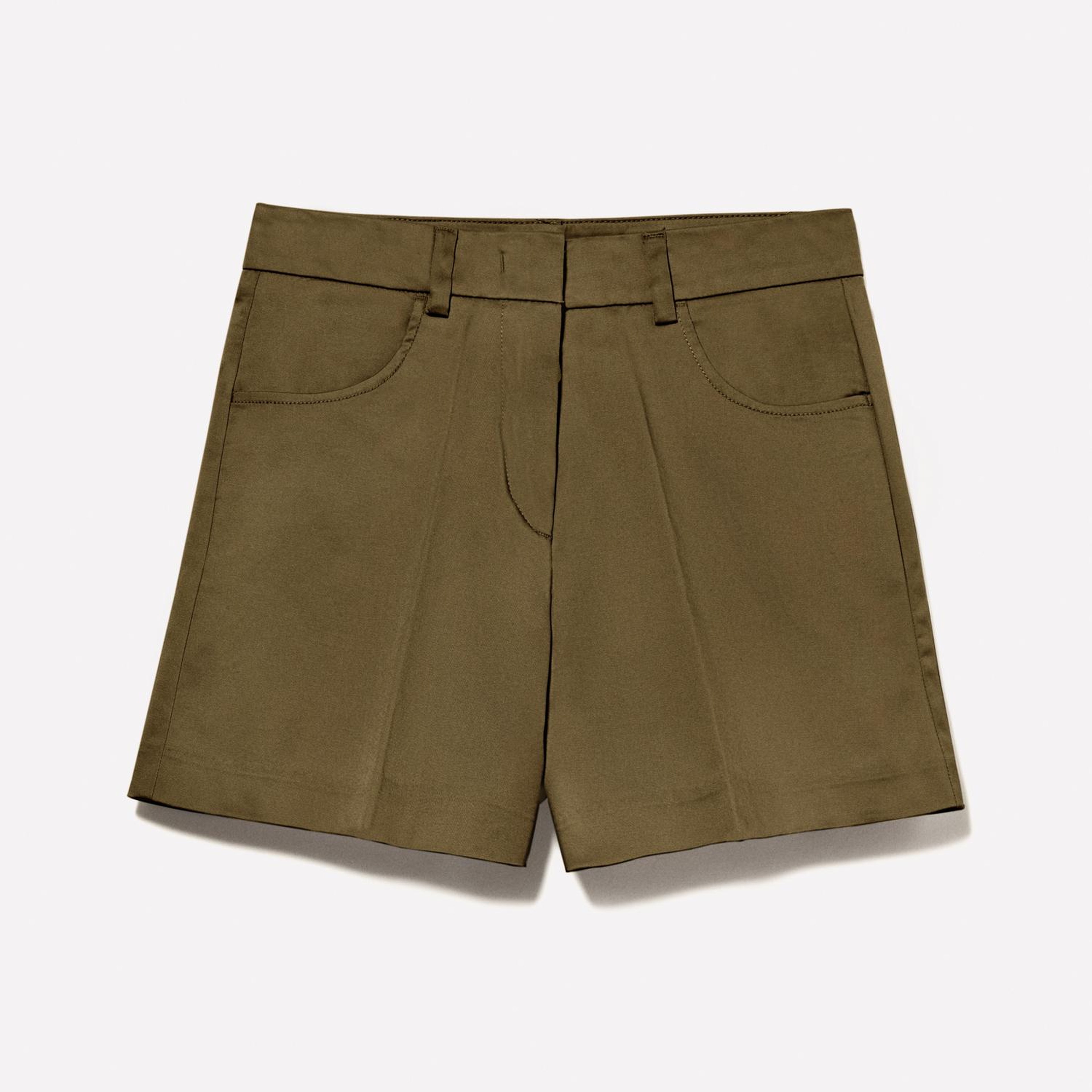 Kadın Koyu Haki Streç Pamuklu Cepli Yüksek Bel Slim Fit Şort