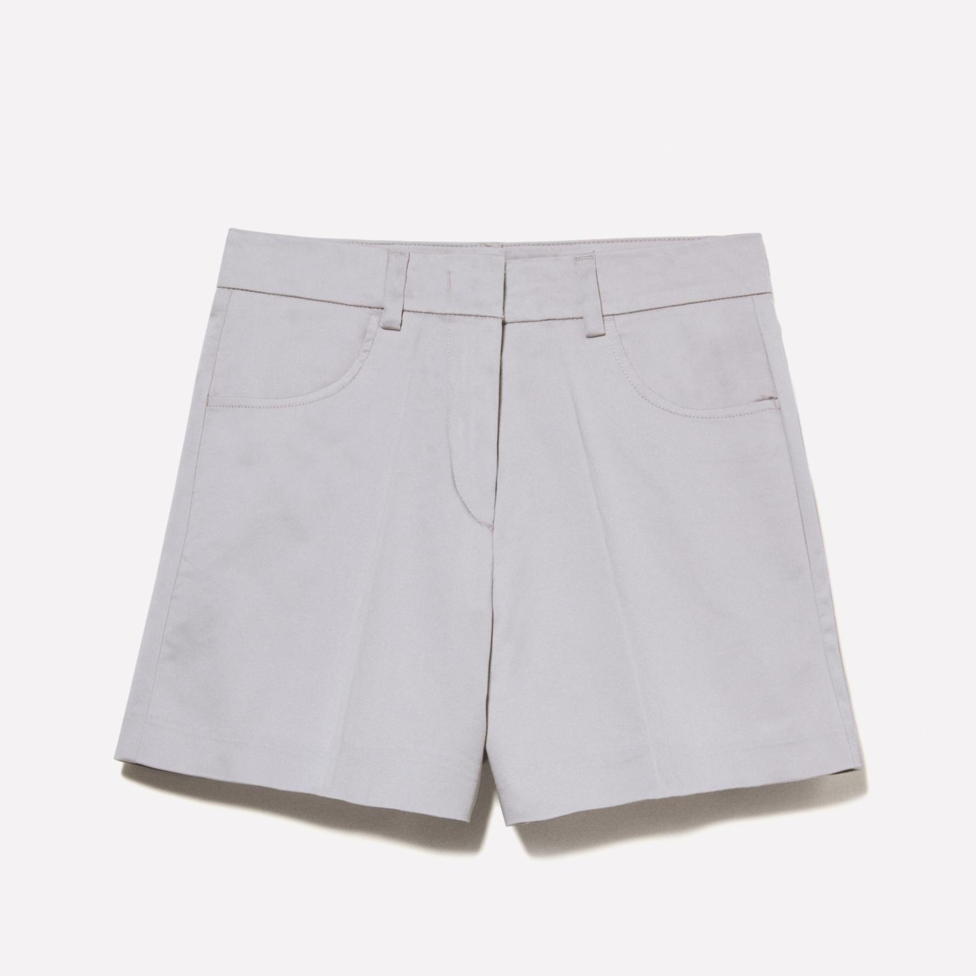 Kadın Gri Streç Pamuklu Cepli Yüksek Bel Slim Fit Şort