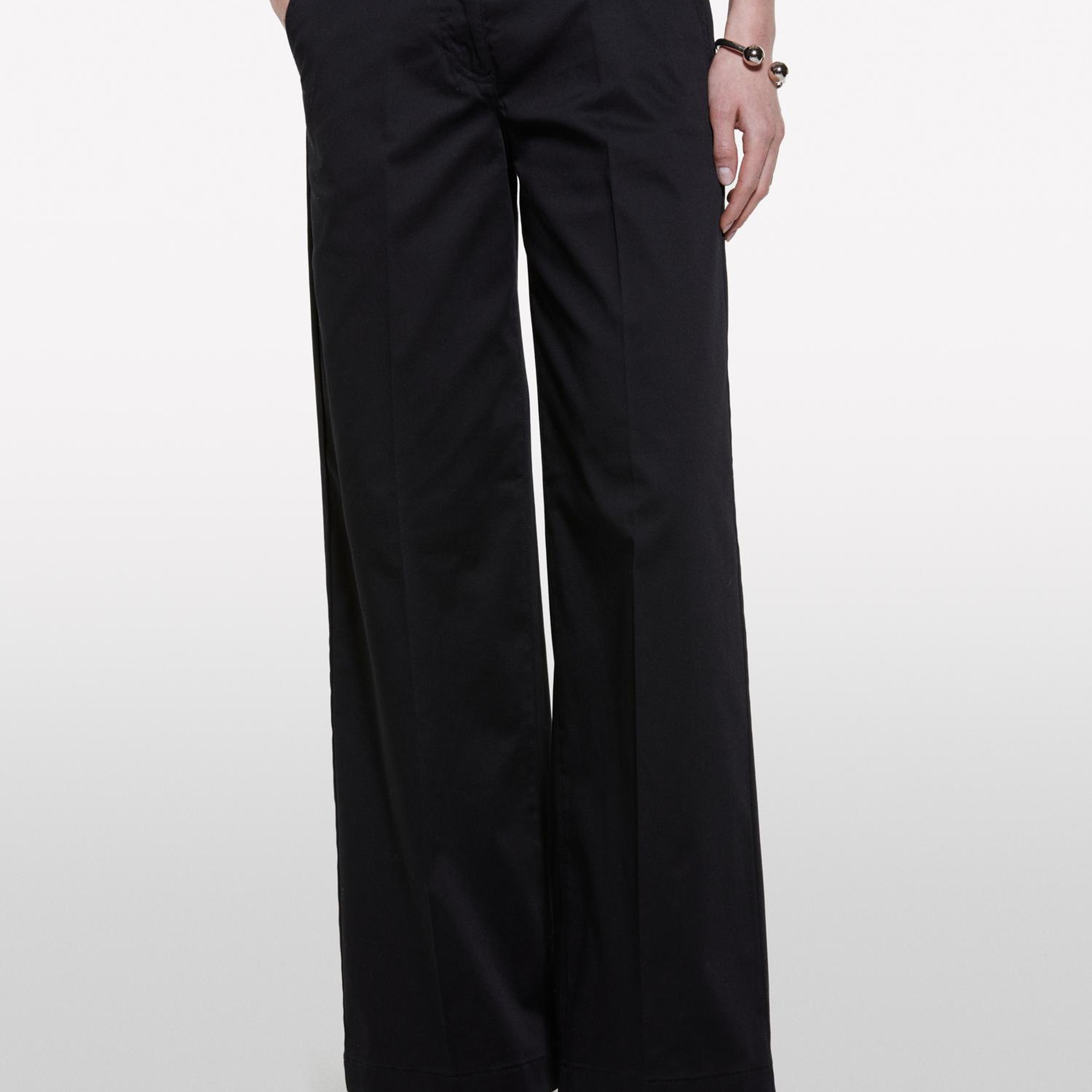 Kadın Siyah Streç Pamuklu Normal Bel Wide Leg Pantolon