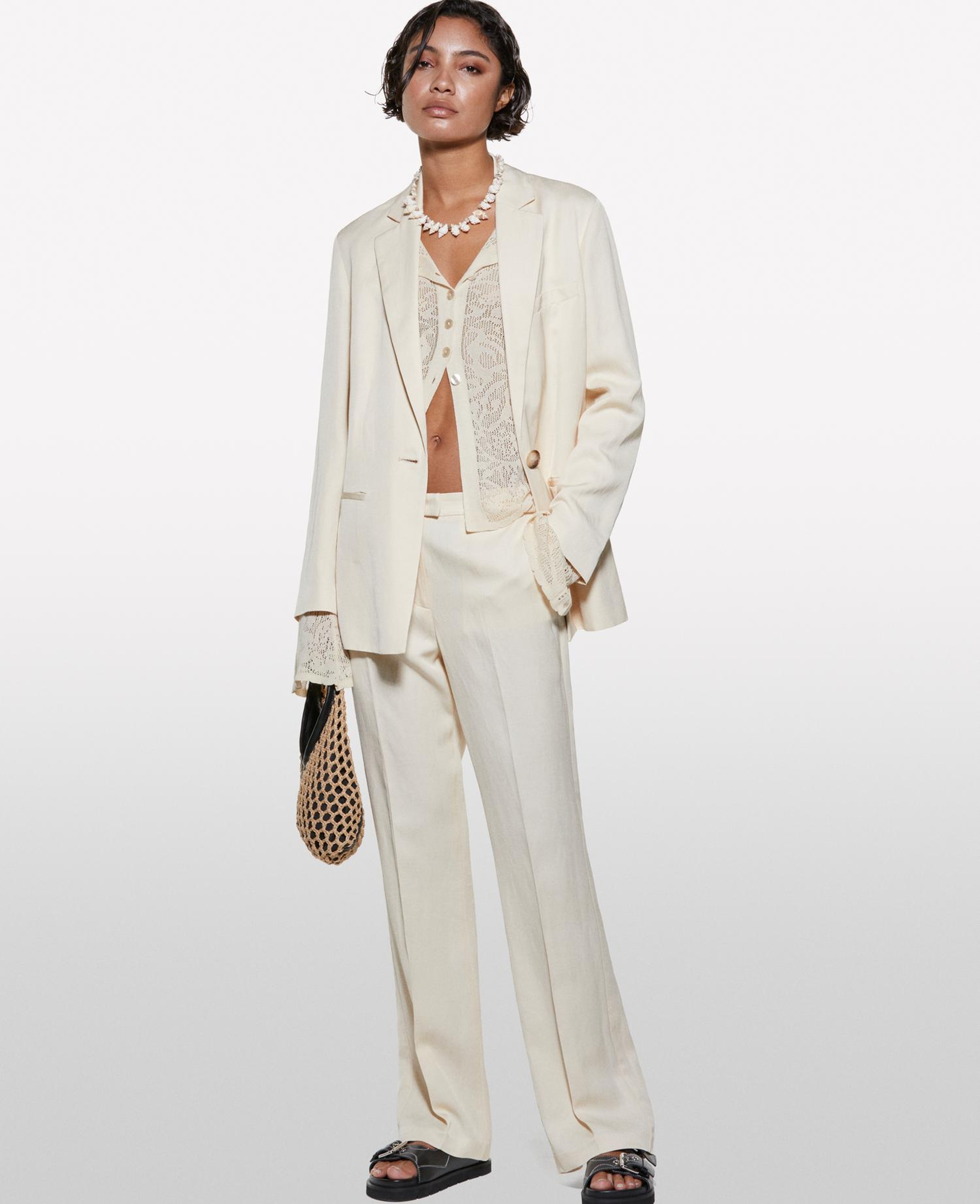 Kadın Şampanya Keten Karışımlı Normal Bel Straight Fit Pantolon