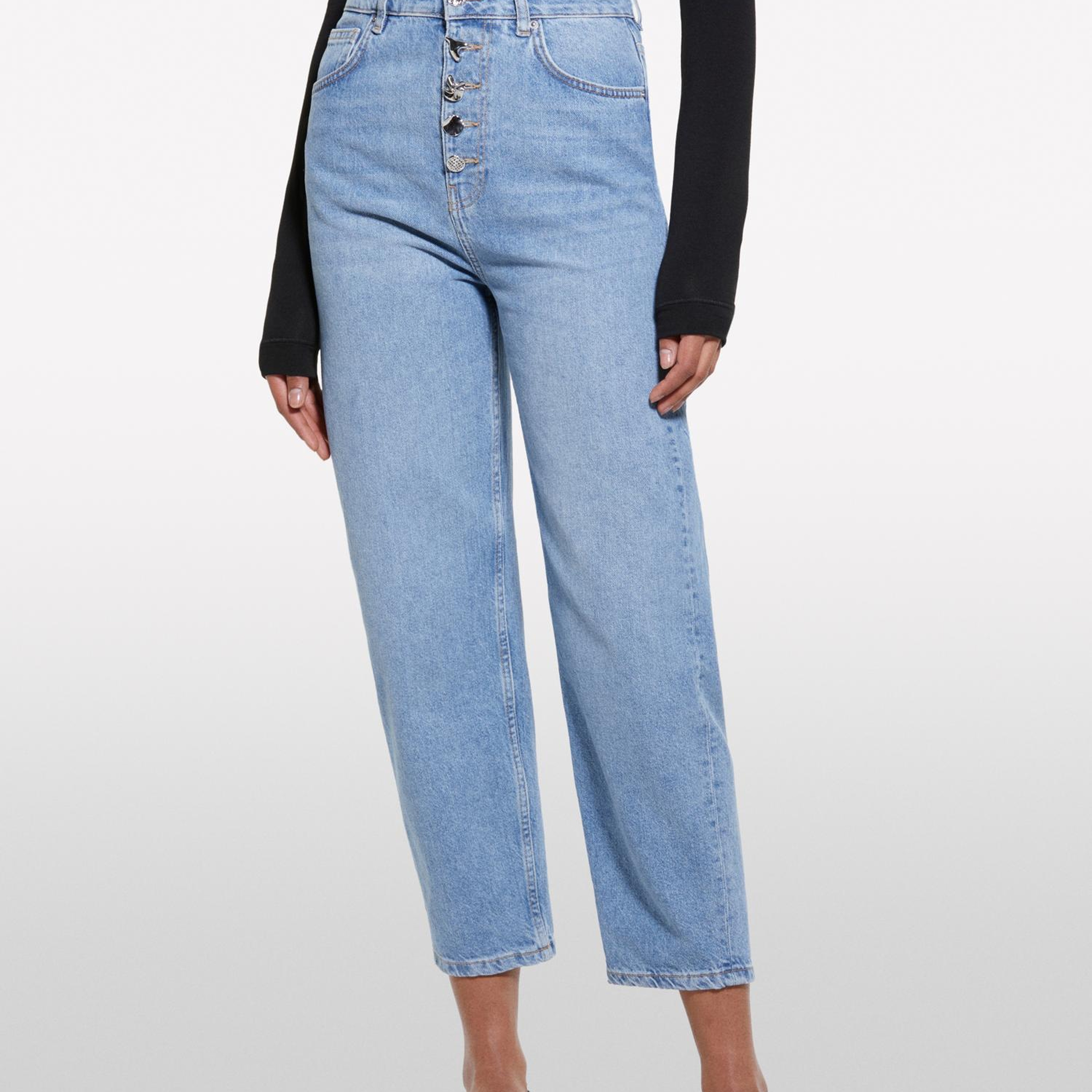 Kadın Açık Denim %100 Pamuk Düğme Detaylı Yüksel Bel Düz Paça Denim Pantolon