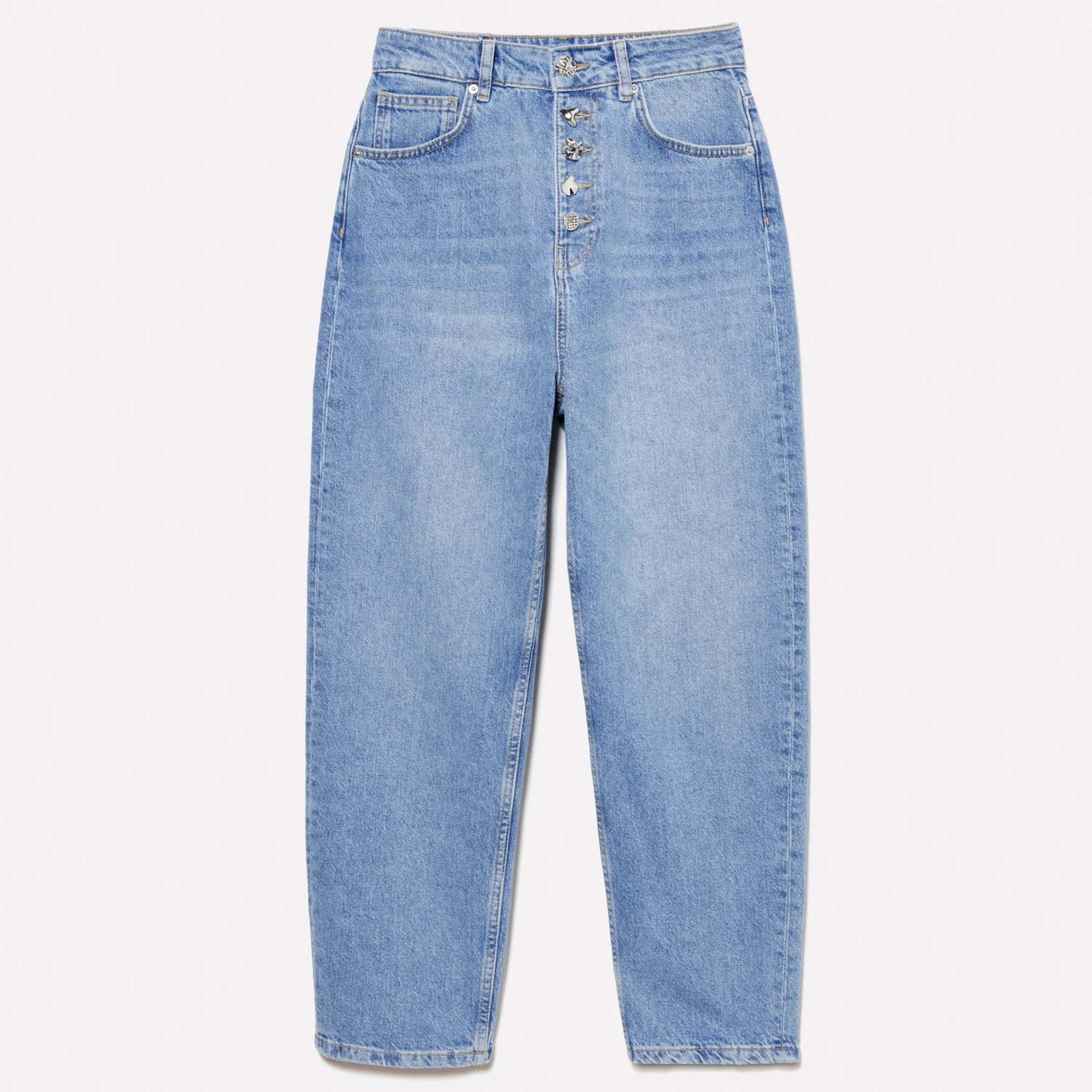 Kadın Açık Denim %100 Pamuk Düğme Detaylı Yüksel Bel Düz Paça Denim Pantolon