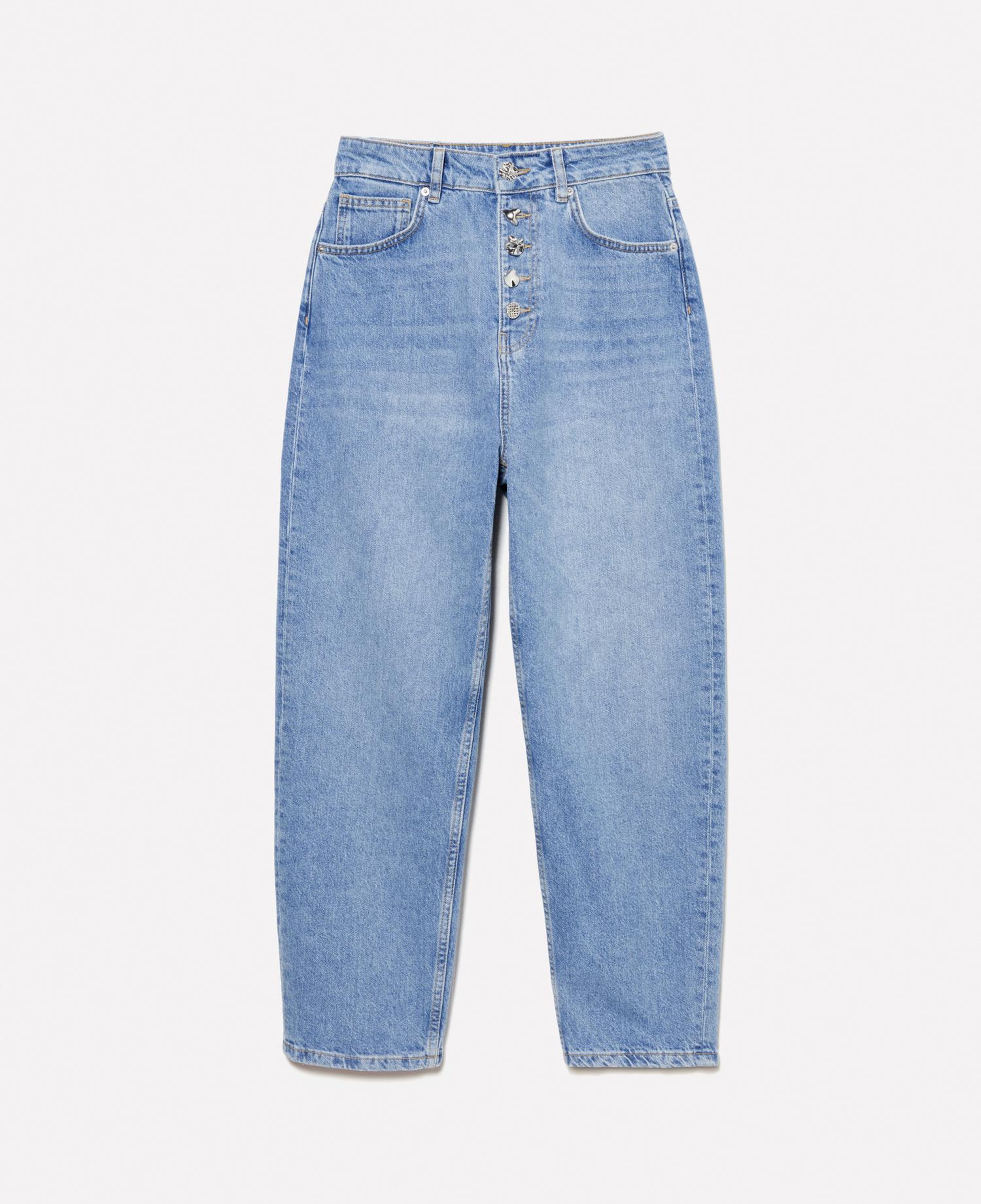 Kadın Açık Denim %100 Pamuk Düğme Detaylı Yüksel Bel Düz Paça Denim Pantolon