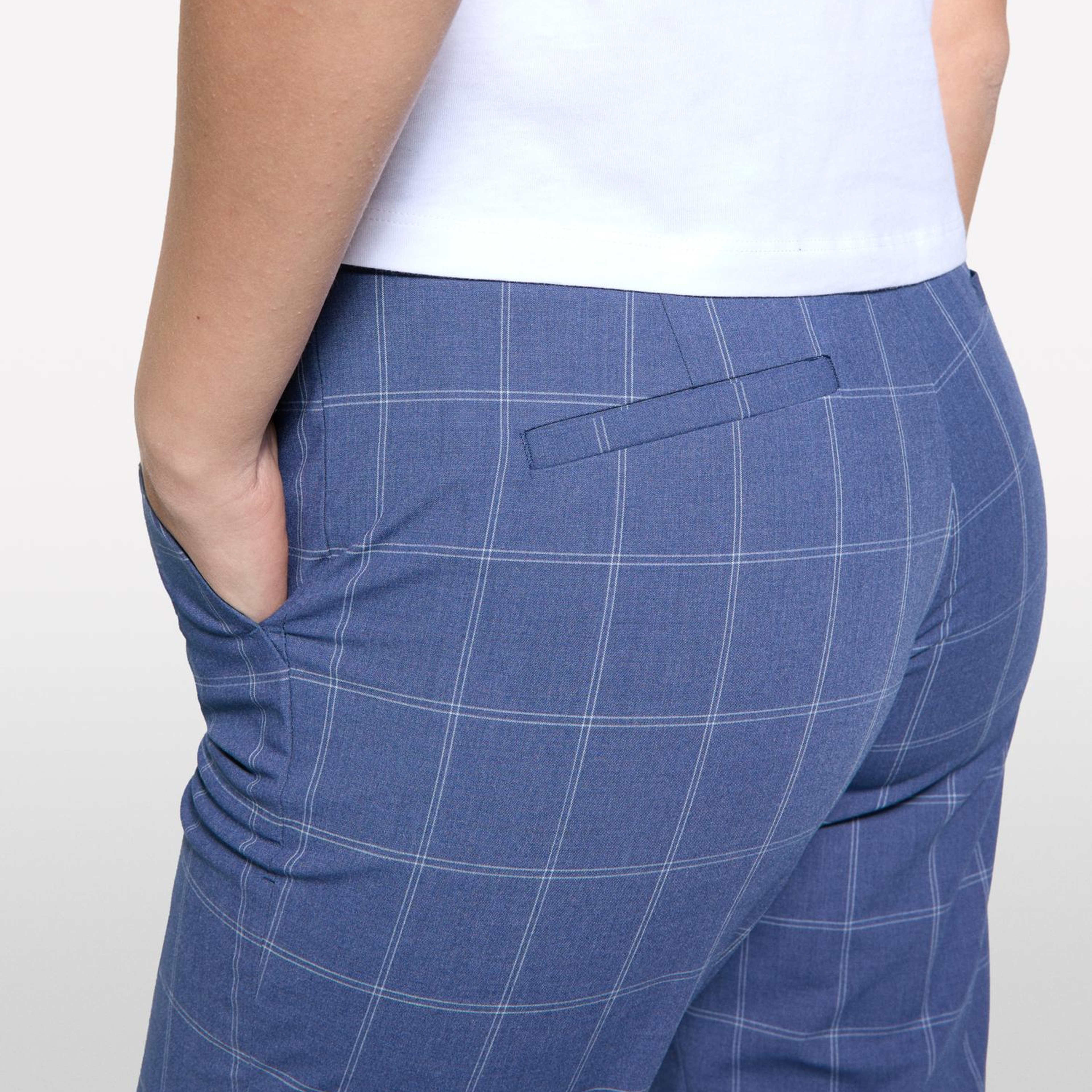 Kadın Mavi Ekose Streç Viskozlu Orta Bel Regular Fit Pantolon