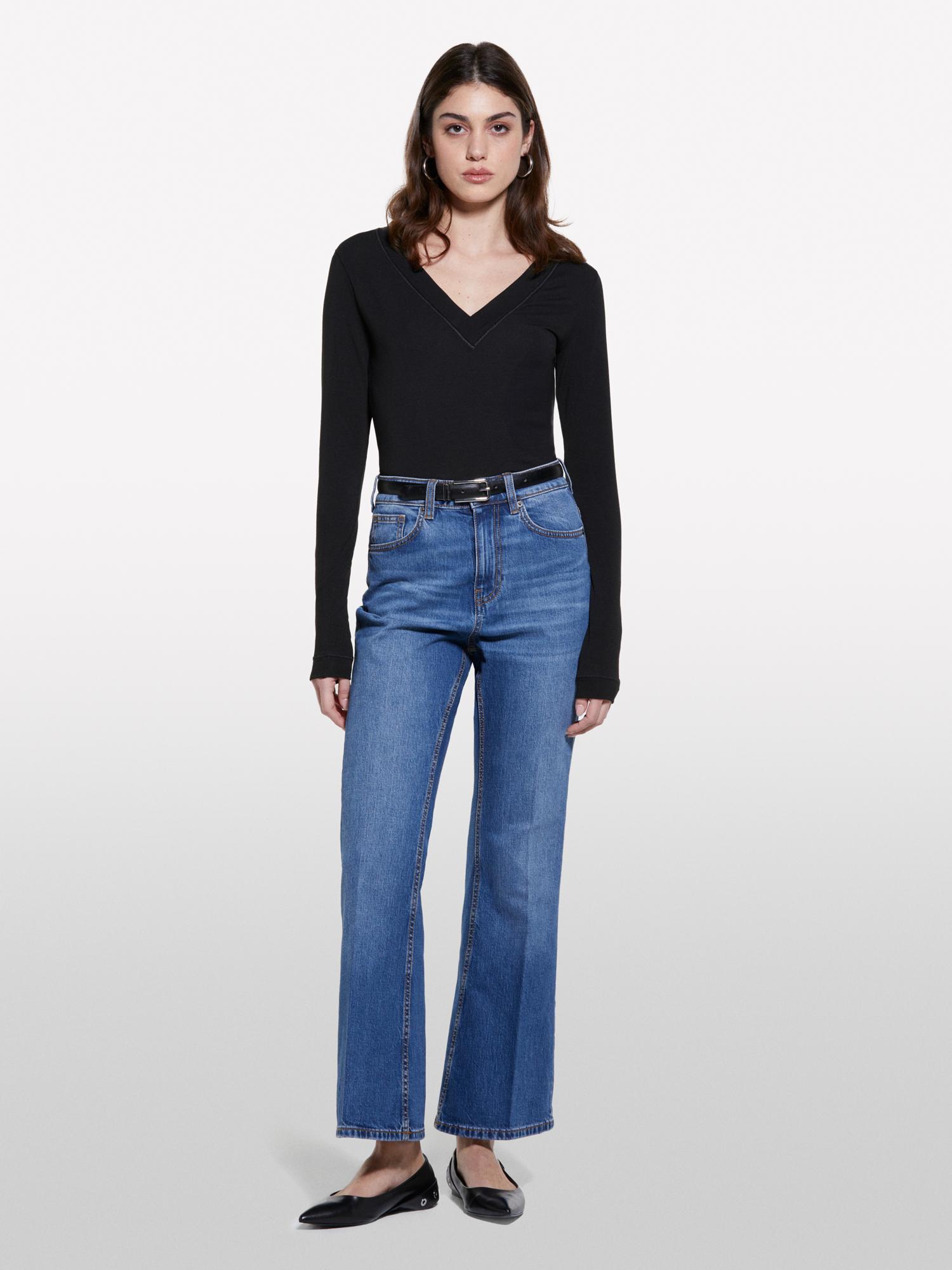 Kadın Koyu Denim Pamuk Karışımlı Yüksek Bel İspanyol Paça Denim Pantolon