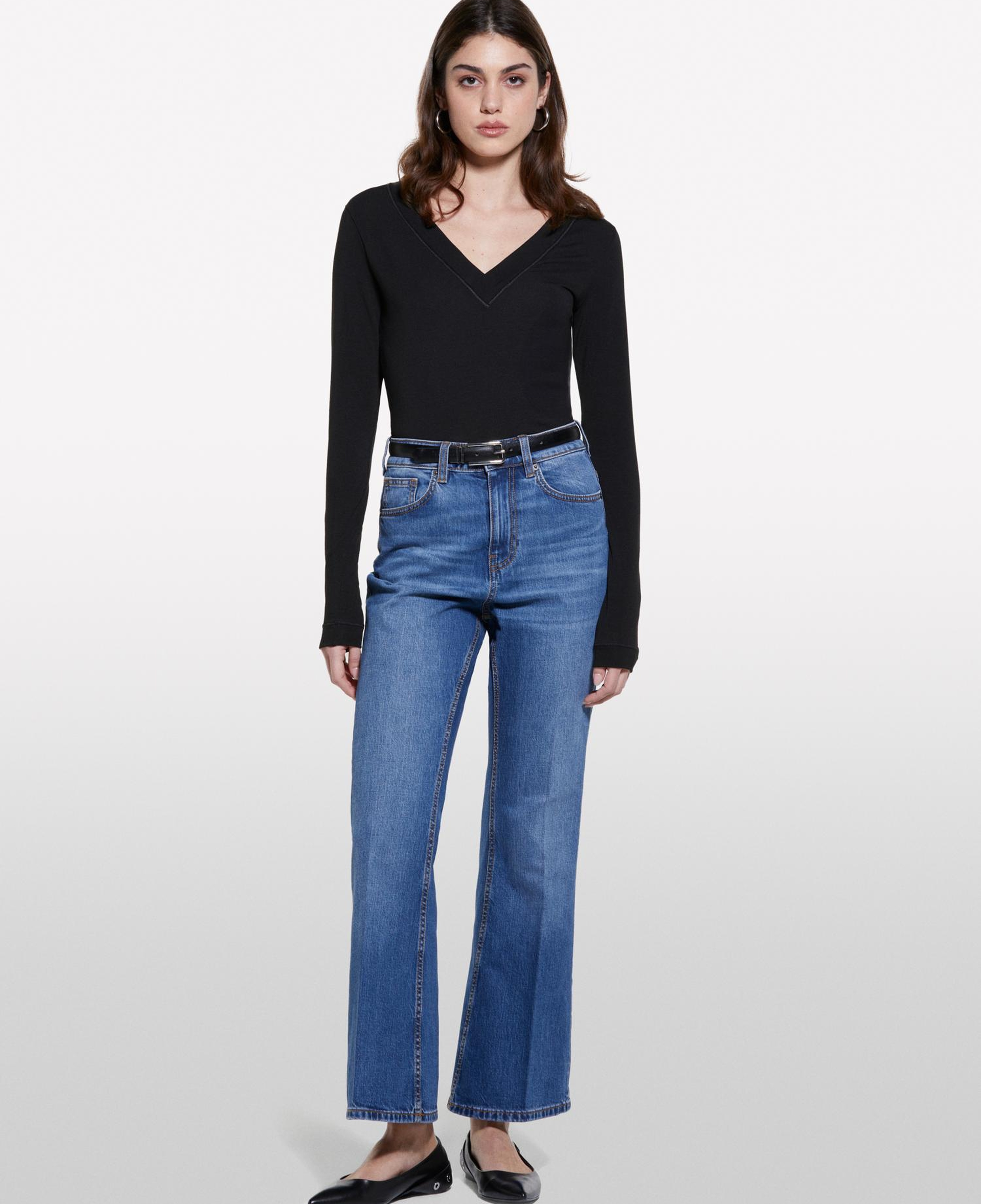 Kadın Koyu Denim Pamuk Karışımlı Yüksek Bel İspanyol Paça Denim Pantolon
