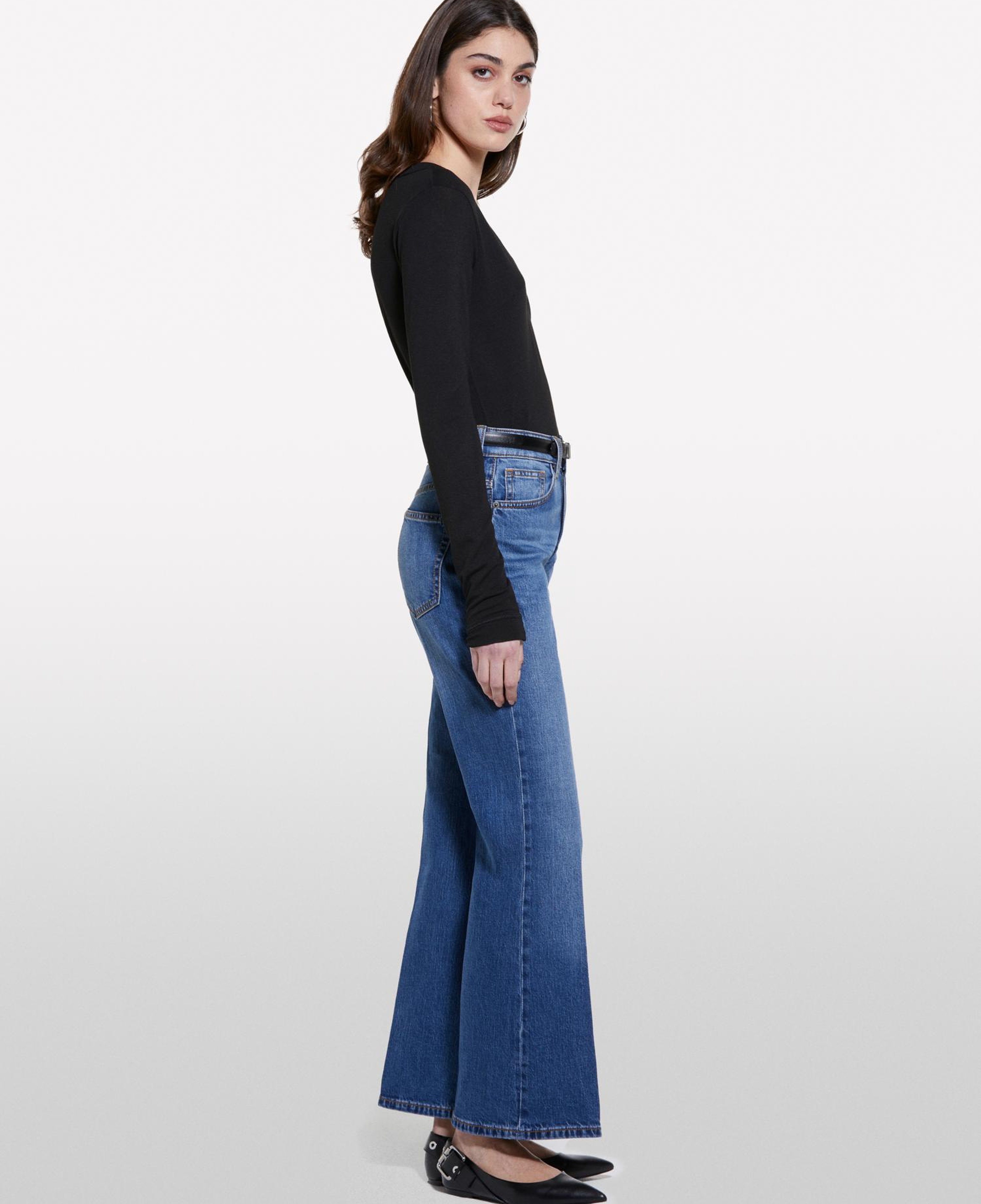Kadın Koyu Denim Pamuk Karışımlı Yüksek Bel İspanyol Paça Denim Pantolon