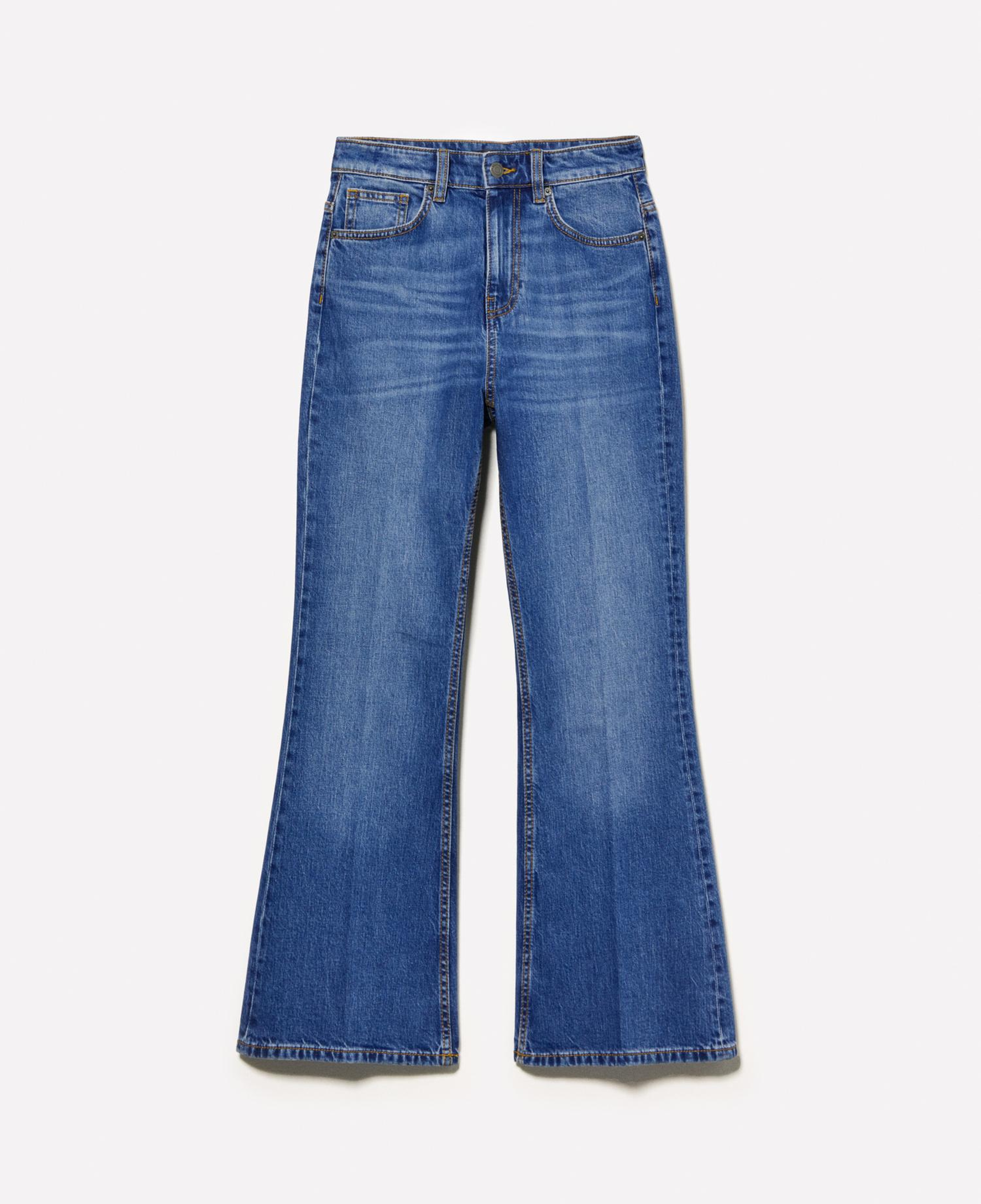 Kadın Koyu Denim Pamuk Karışımlı Yüksek Bel İspanyol Paça Denim Pantolon