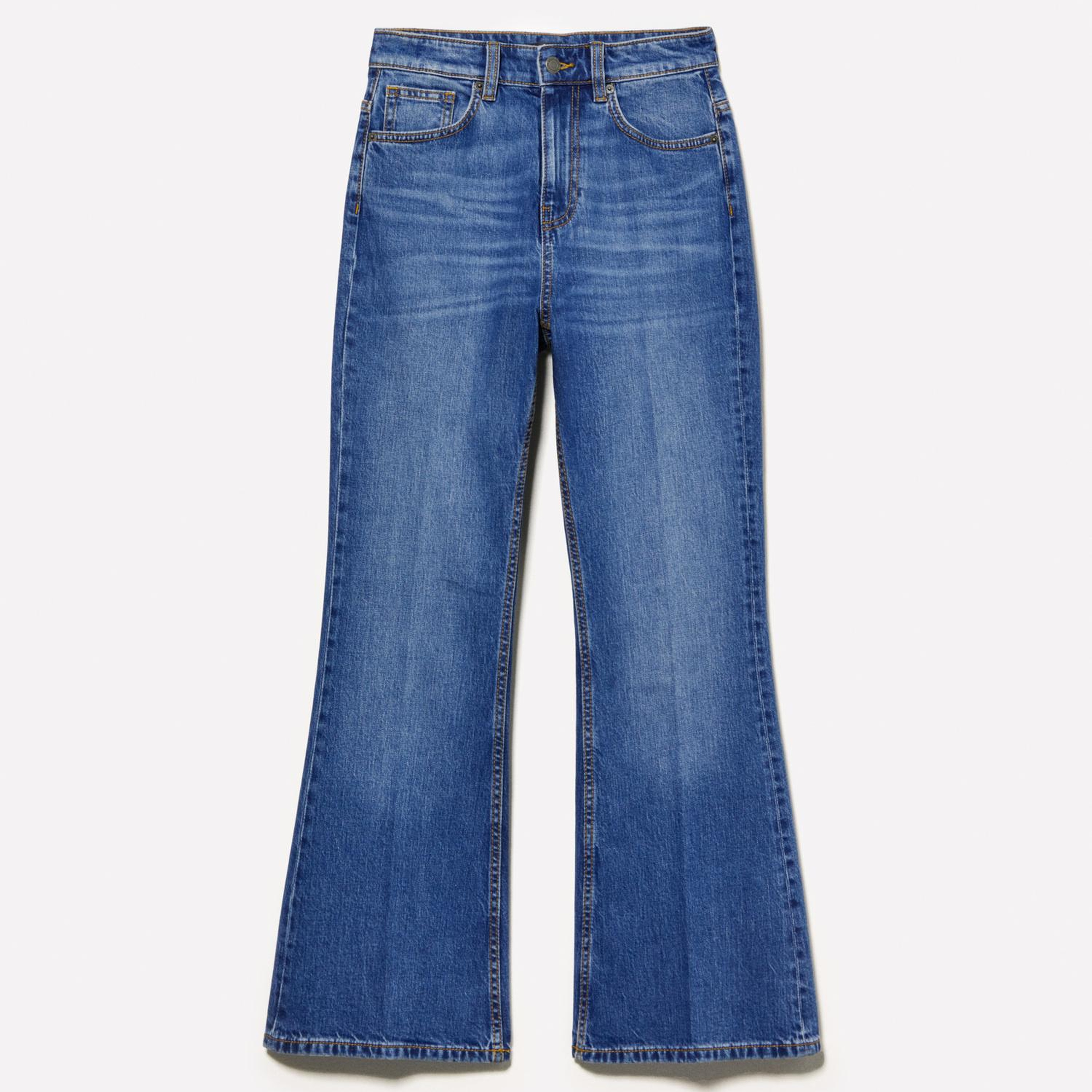 Kadın Koyu Denim Pamuk Karışımlı Yüksek Bel İspanyol Paça Denim Pantolon