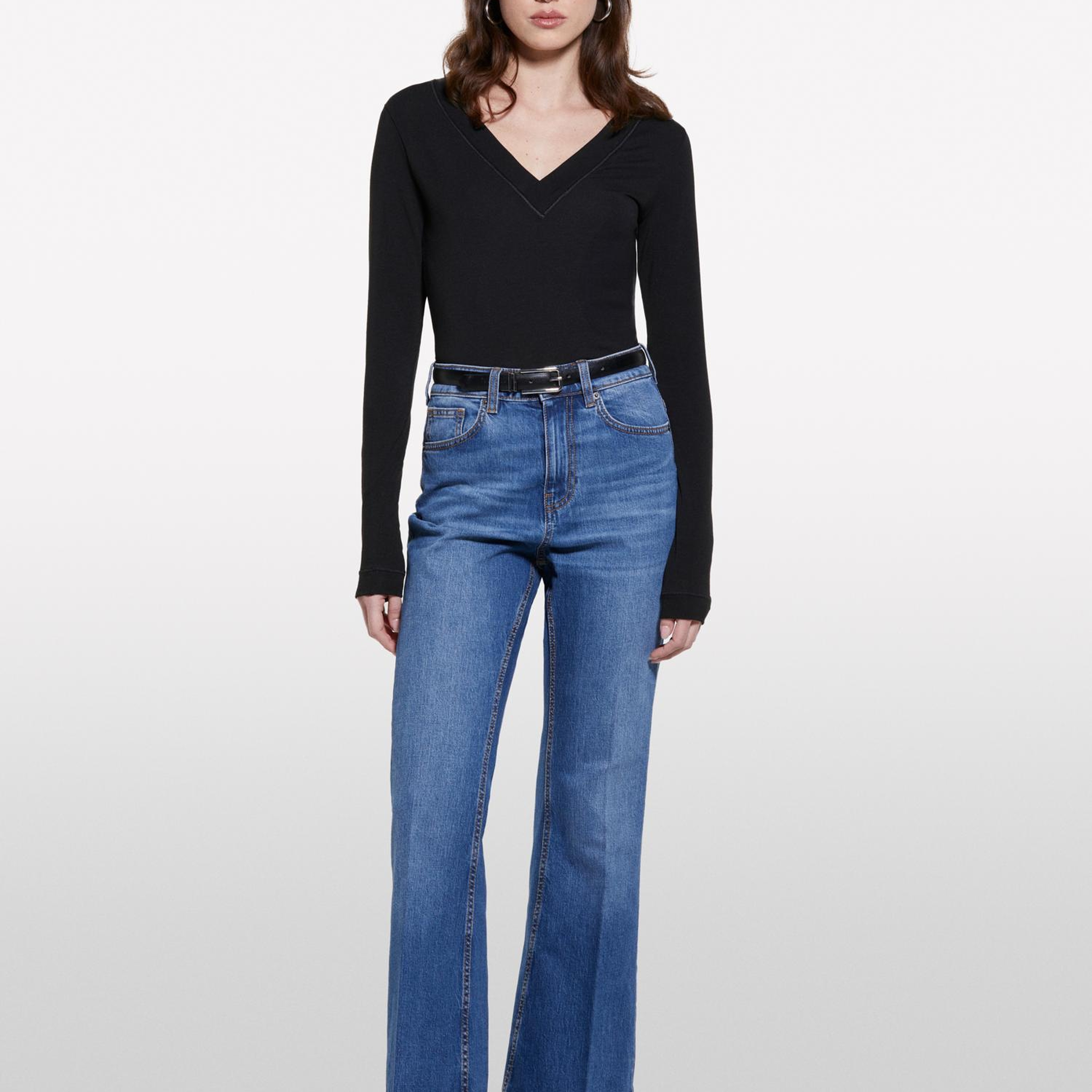 Kadın Koyu Denim Pamuk Karışımlı Yüksek Bel İspanyol Paça Denim Pantolon