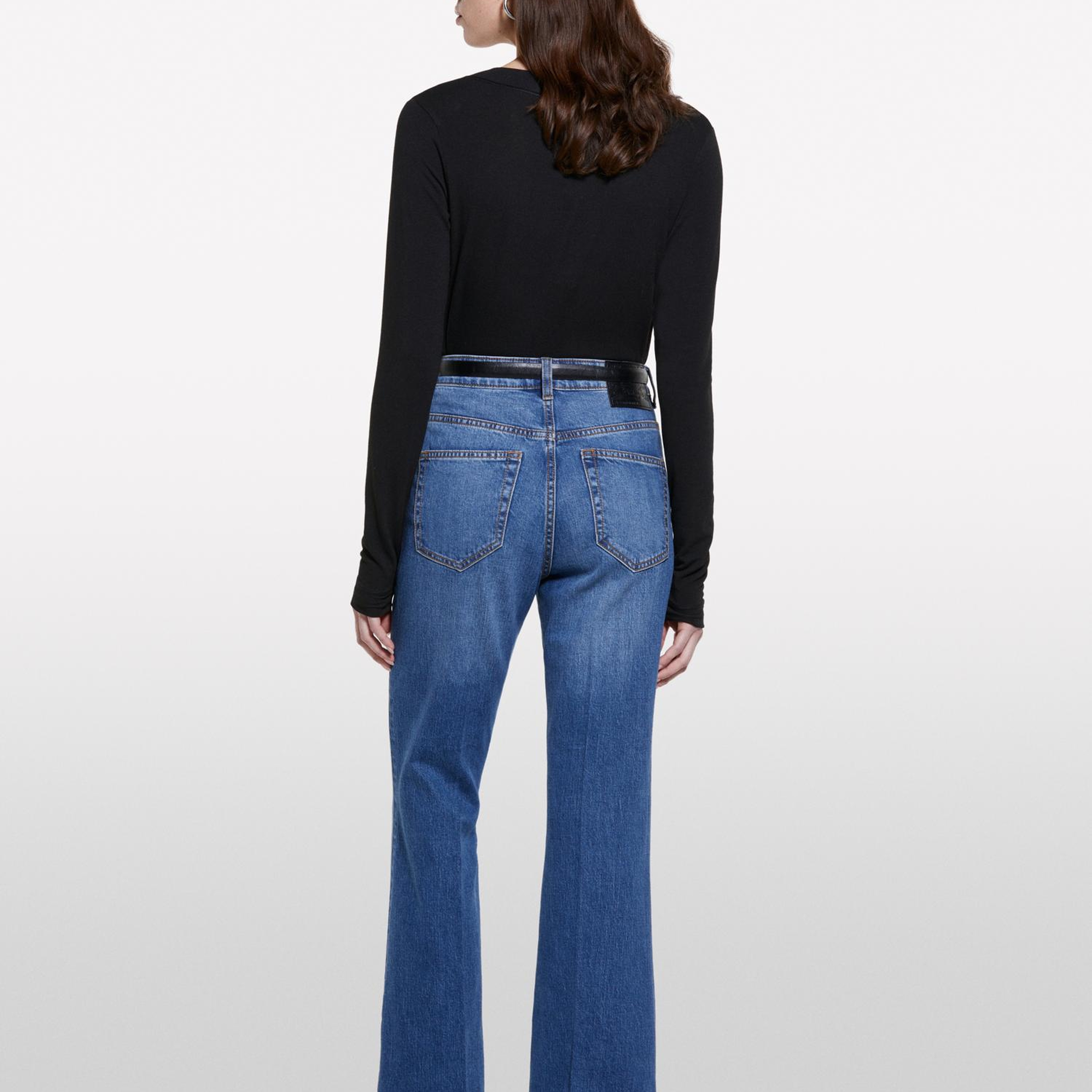 Kadın Koyu Denim Pamuk Karışımlı Yüksek Bel İspanyol Paça Denim Pantolon