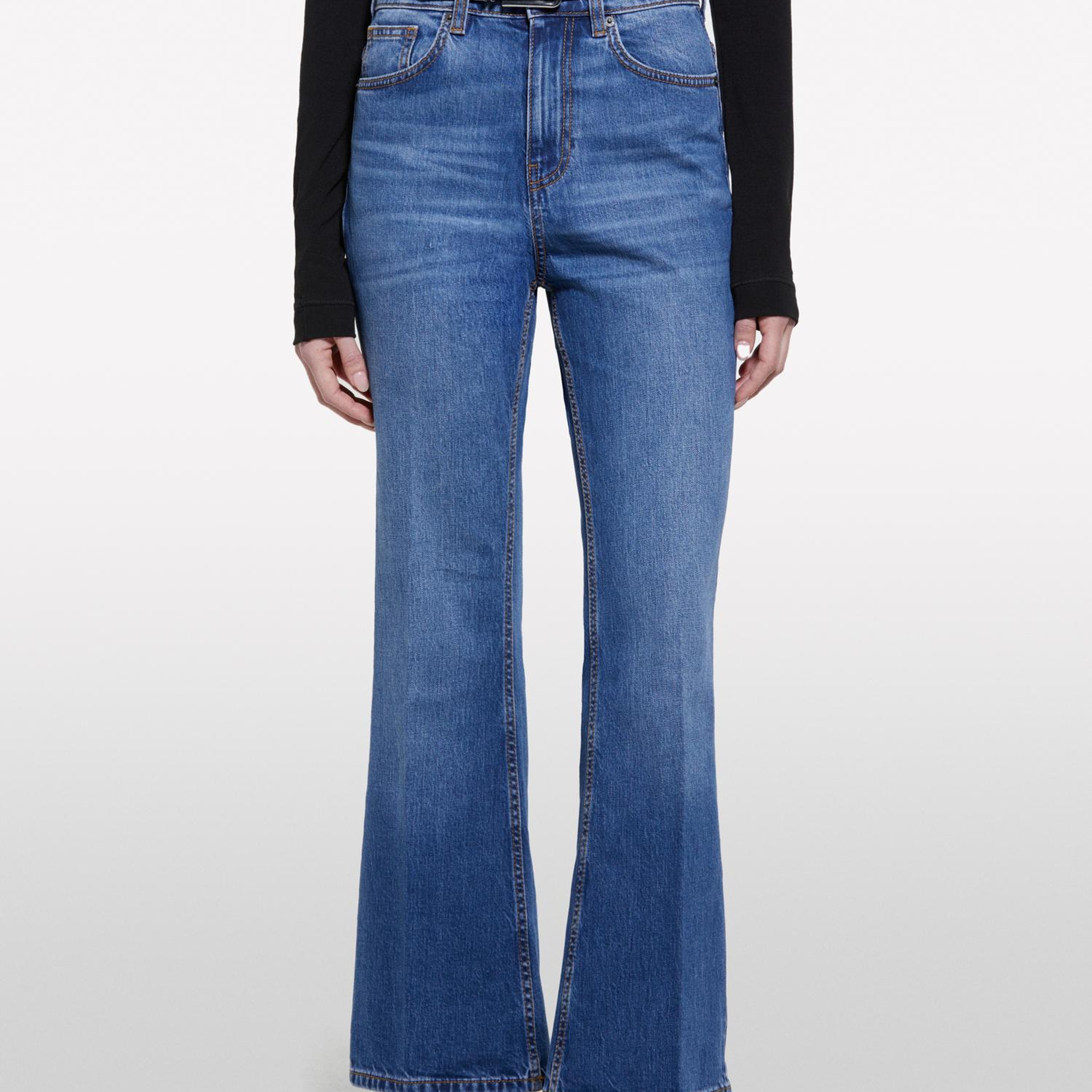 Kadın Koyu Denim Pamuk Karışımlı Yüksek Bel İspanyol Paça Denim Pantolon