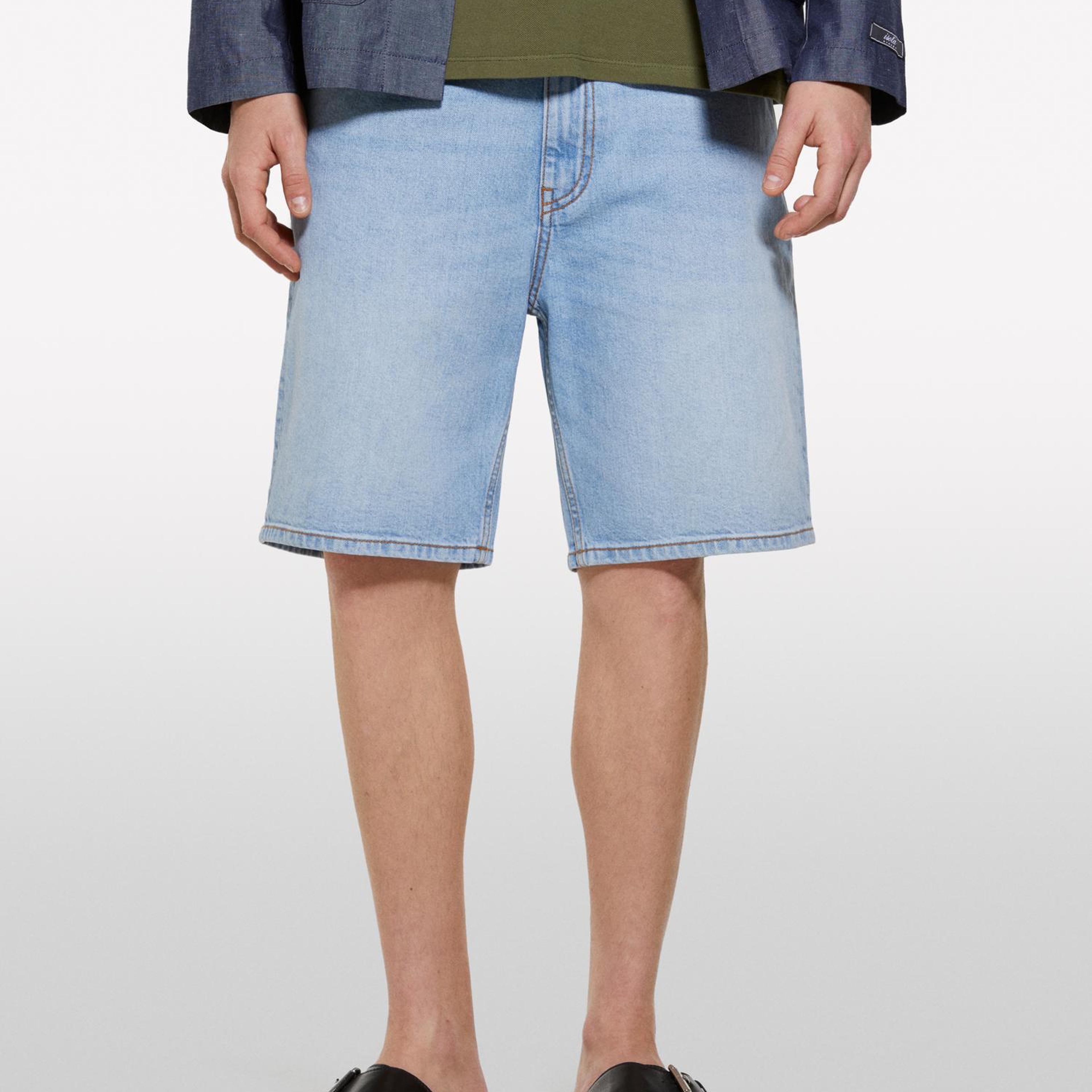 Erkek Açık Denim %100 Pamuk Orta Bel Regular Fit Denim Şort