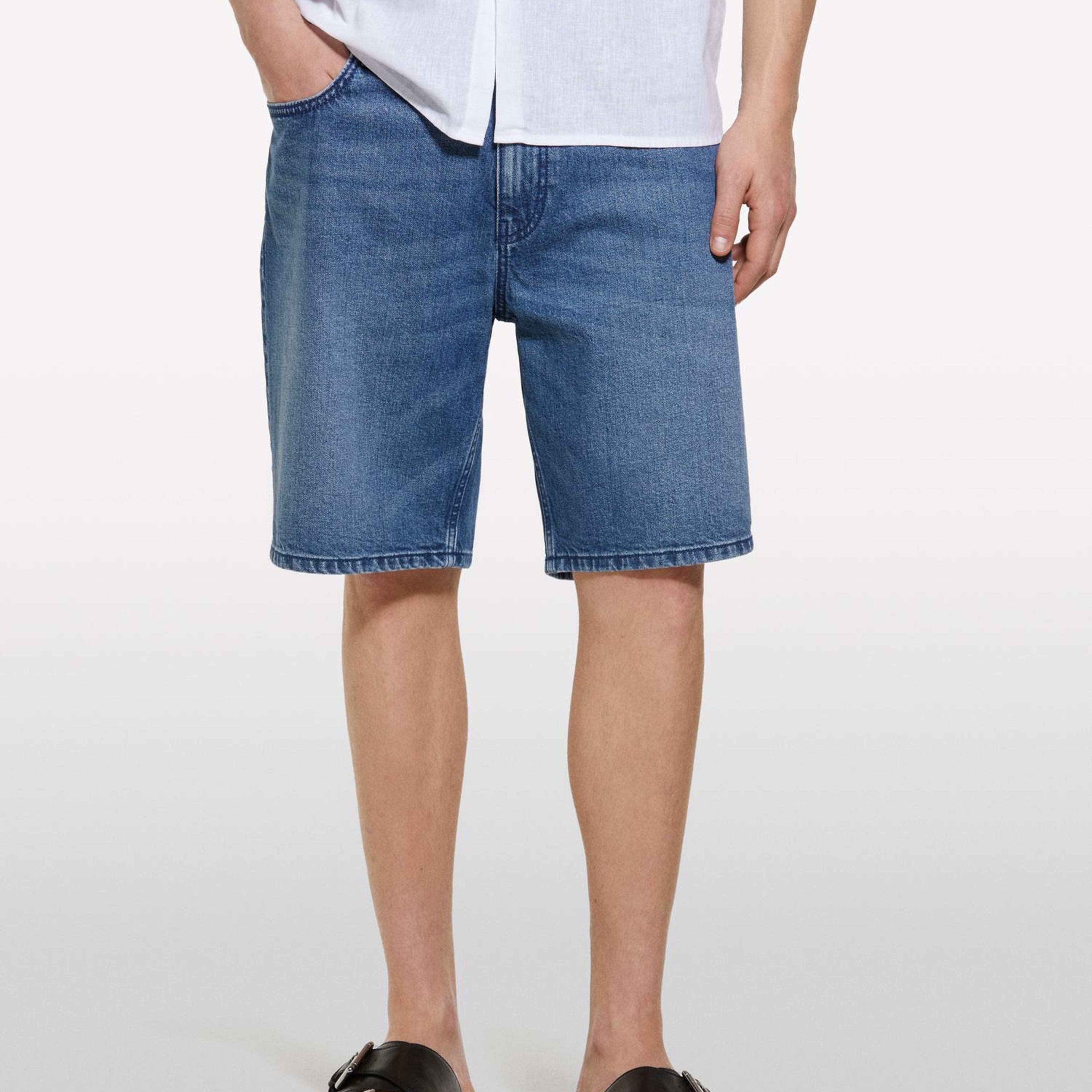 Erkek Koyu Denim %100 Pamuk Orta Bel Regular Fit Denim Şort