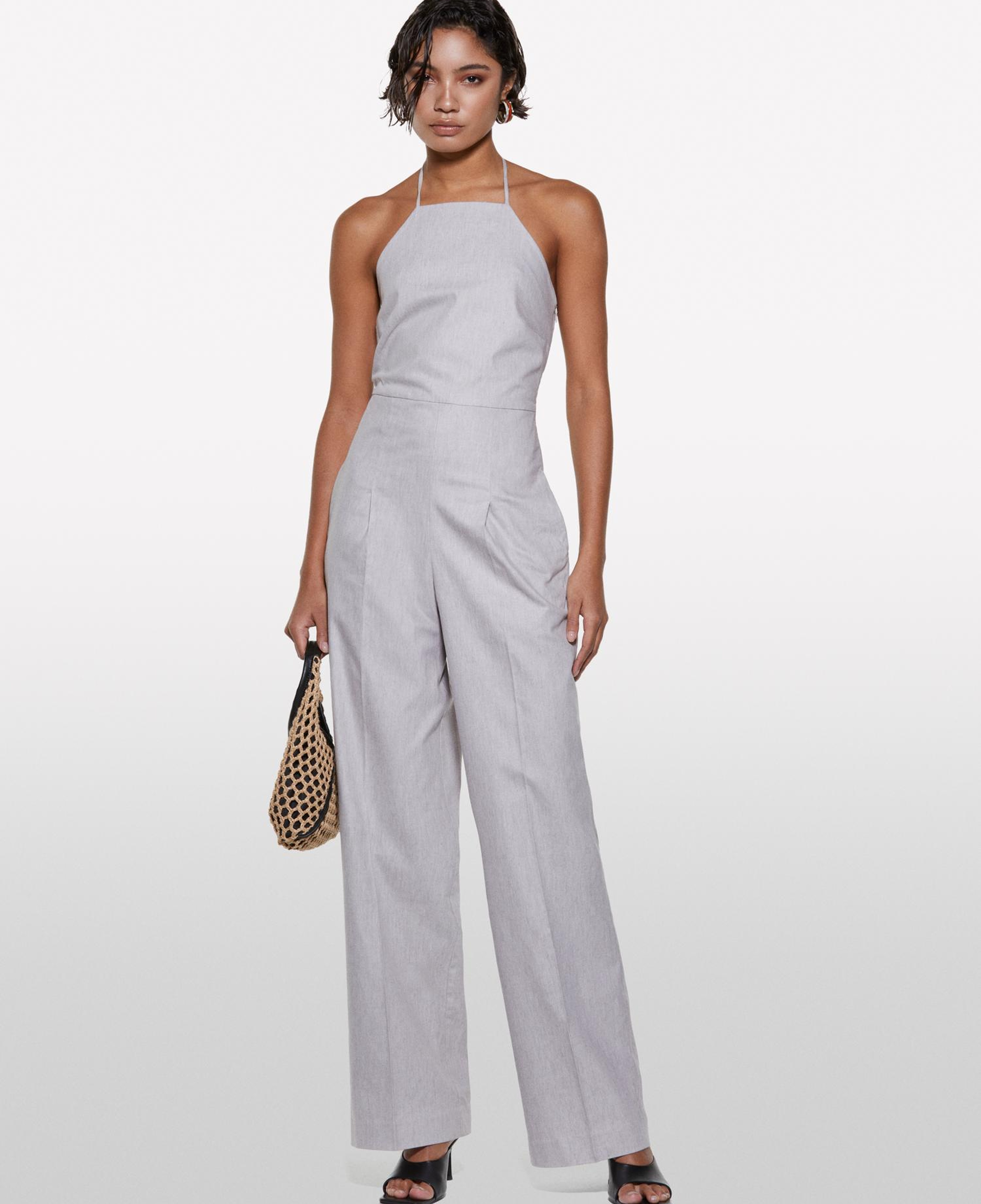 Kadın Gri Keten Karışımlı Astarlı Askılı Palazzo Tulum