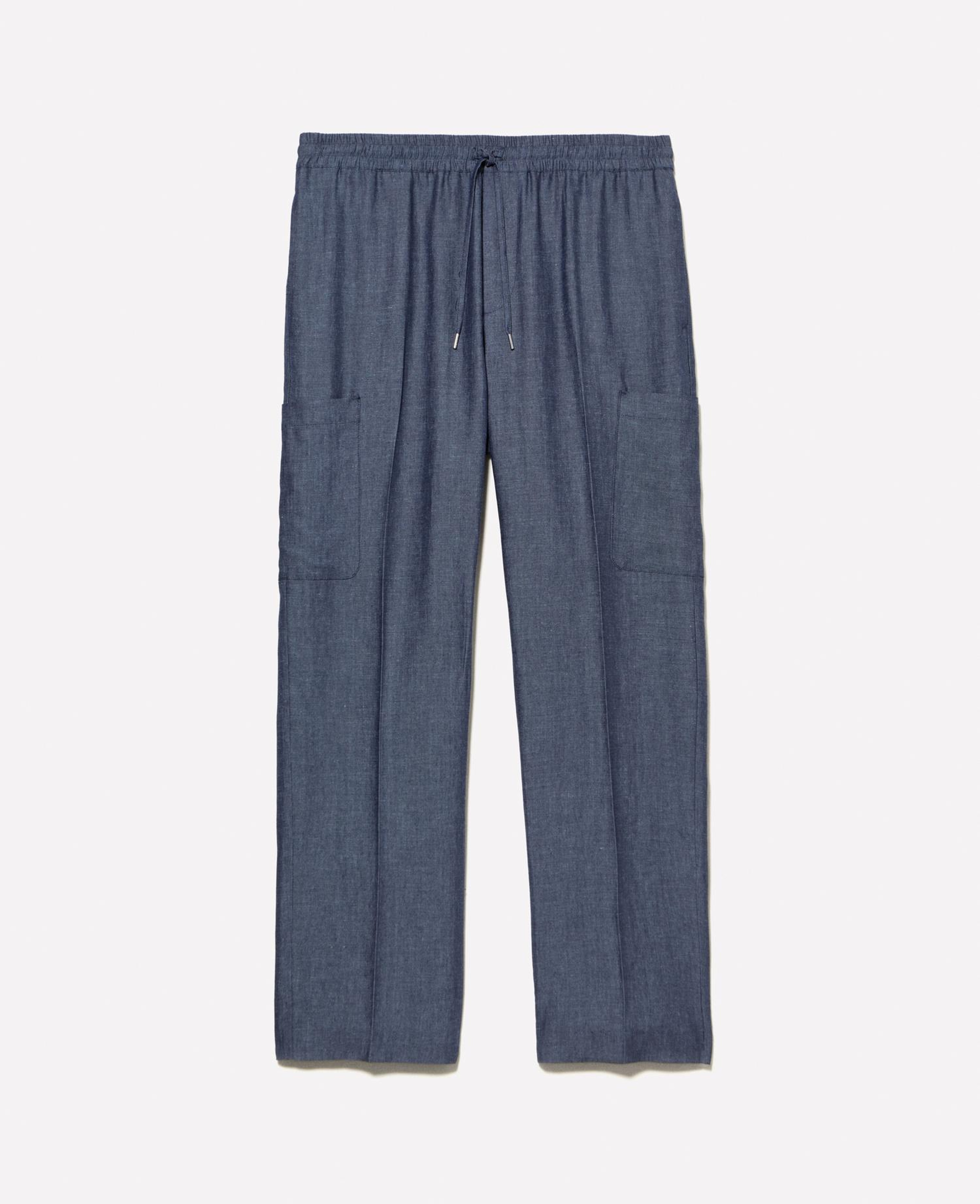 Erkek İndigo Keten Karışımlı Büzgü İpli Cepli Jogger Pantolon