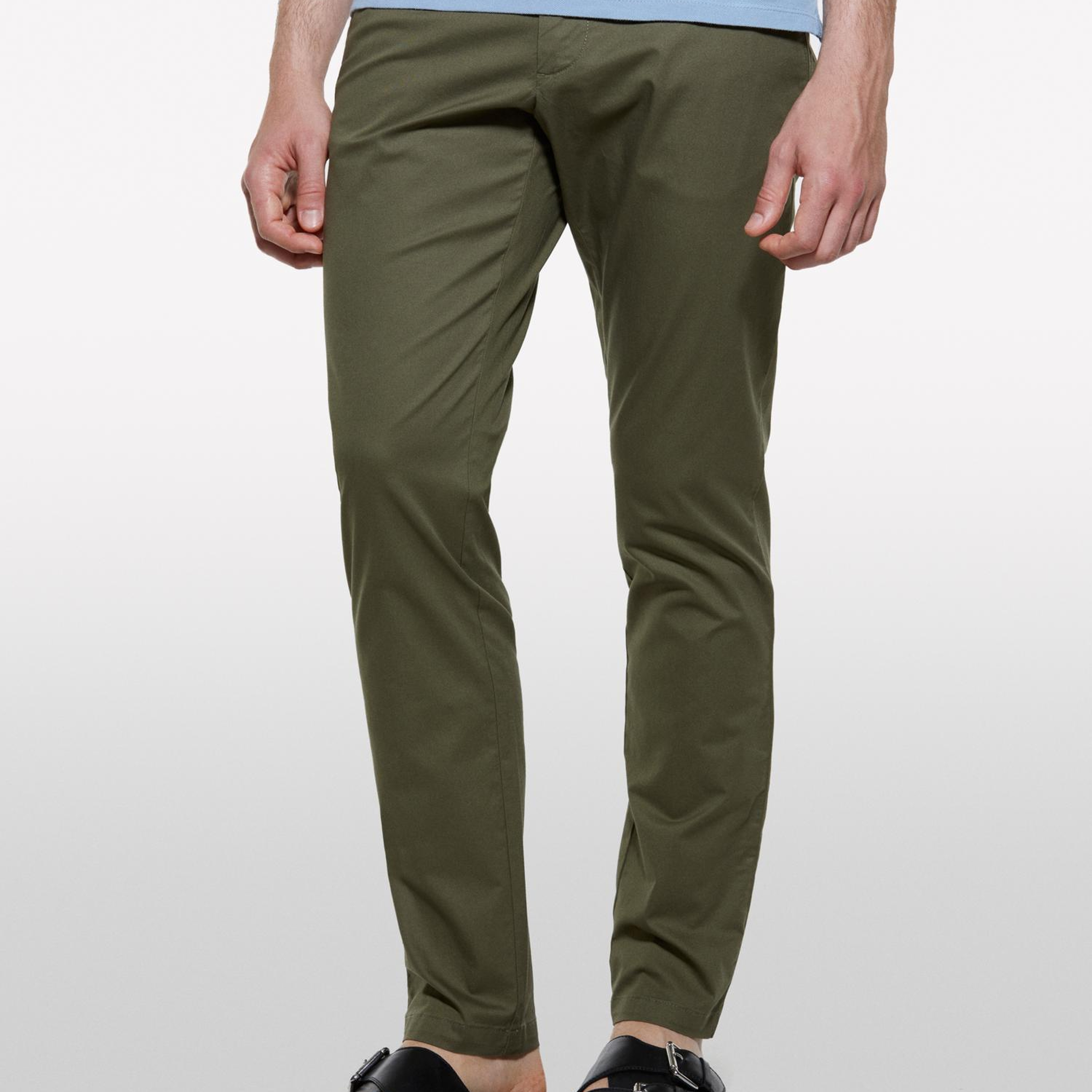 Erkek Asker Yeşili Pamuk Karışımlı Slim Fit Chino Pantolon