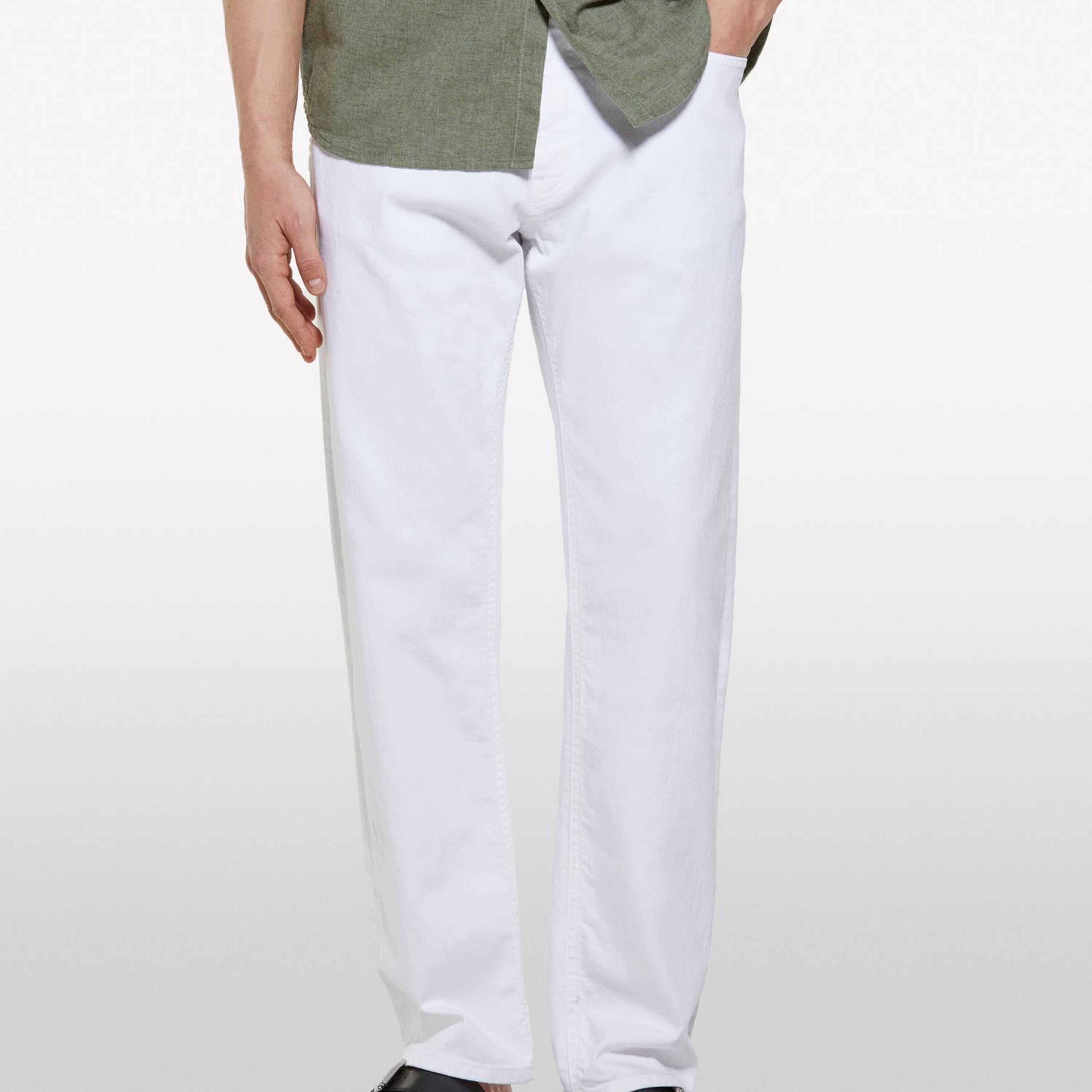 Erkek Beyaz Streç Pamuklu Normal Bel Regular Fit Denim Pantolon