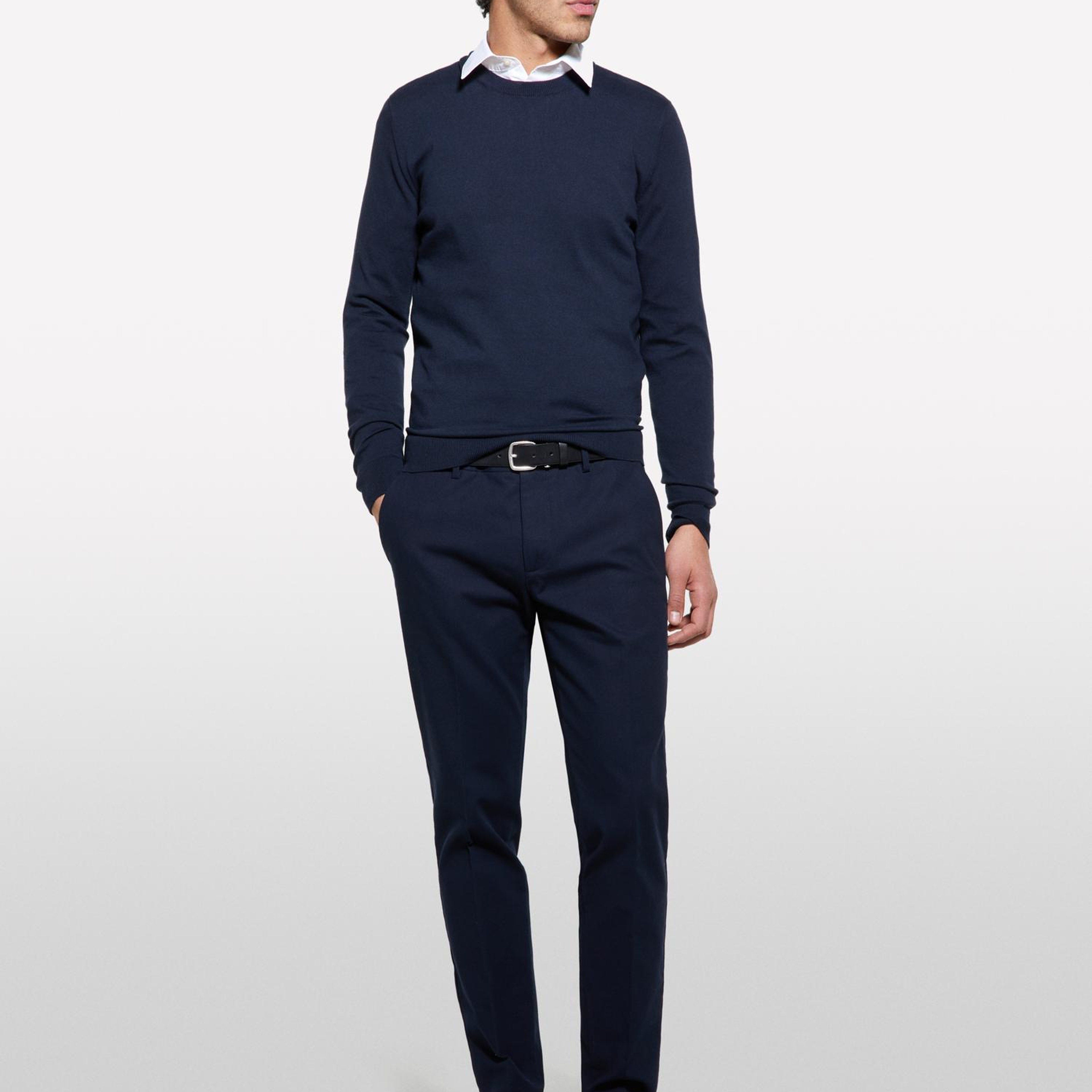Erkek Koyu Lacivert Streç Pamuklu Logo Detaylı Slim Fit Chino Pantolon
